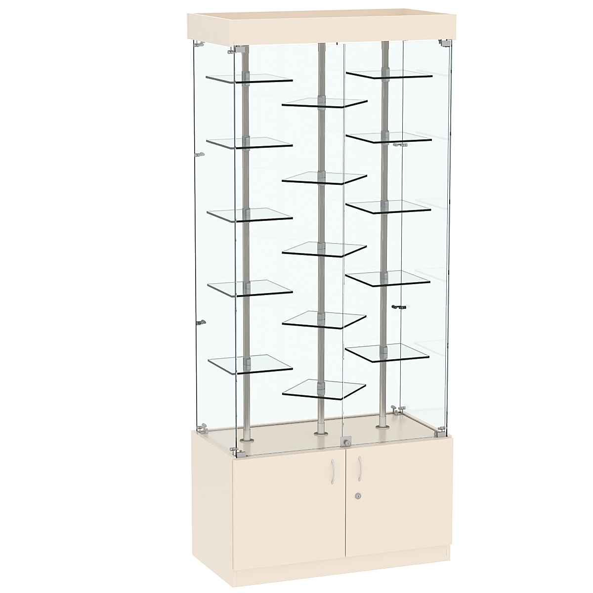 Стеклянная торговая витрина с прозрачными стенками и миниатюрными демонстраци- онными полочками Фрактал №1-3 Крем Вайс