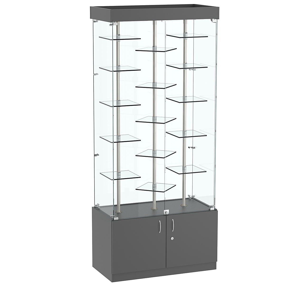 Стеклянная торговая витрина с прозрачными стенками и миниатюрными демонстраци- онными полочками Фрактал №1-3 Темно-Серый