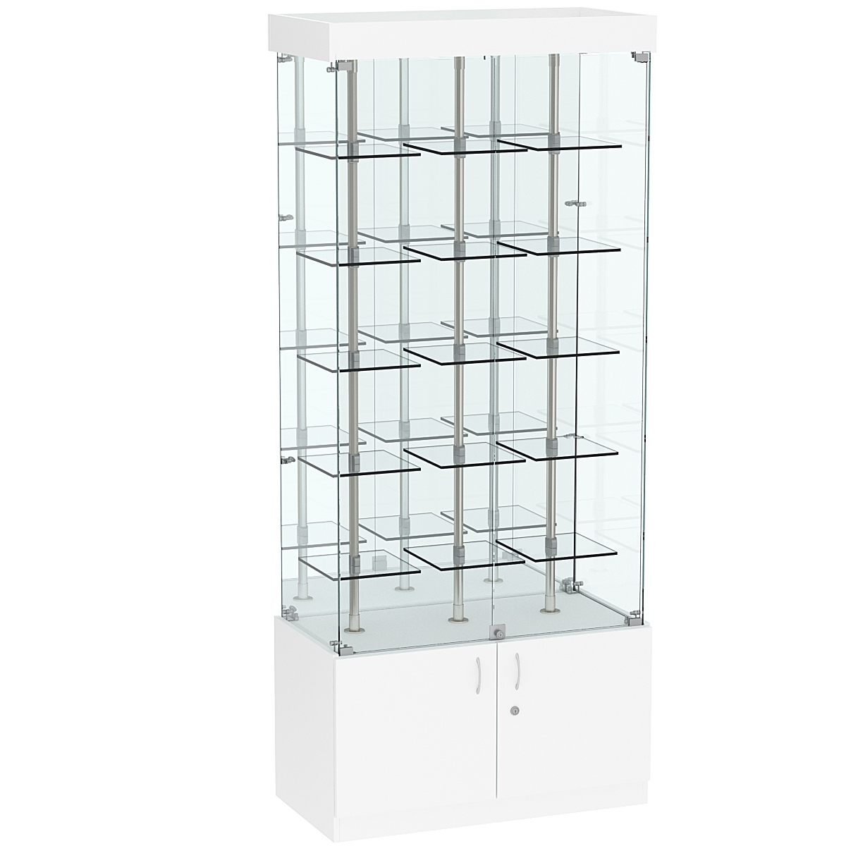 Стеклянная торговая витрина зеркальная с маленькими прозрачными полками Фрактал №3-1 Белый