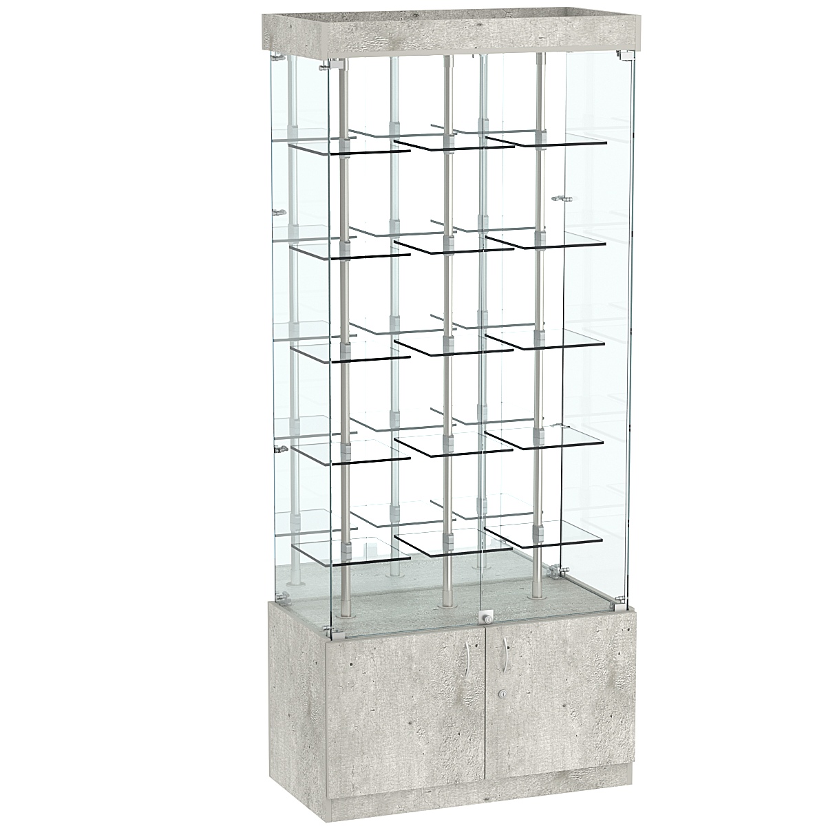 Стеклянная торговая витрина зеркальная с маленькими прозрачными полками Фрактал №3-1 Метрополитан Грей