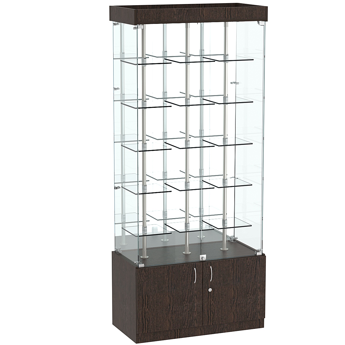 Стеклянная торговая витрина зеркальная с маленькими прозрачными полками Фрактал №3-1 Дуб Венге