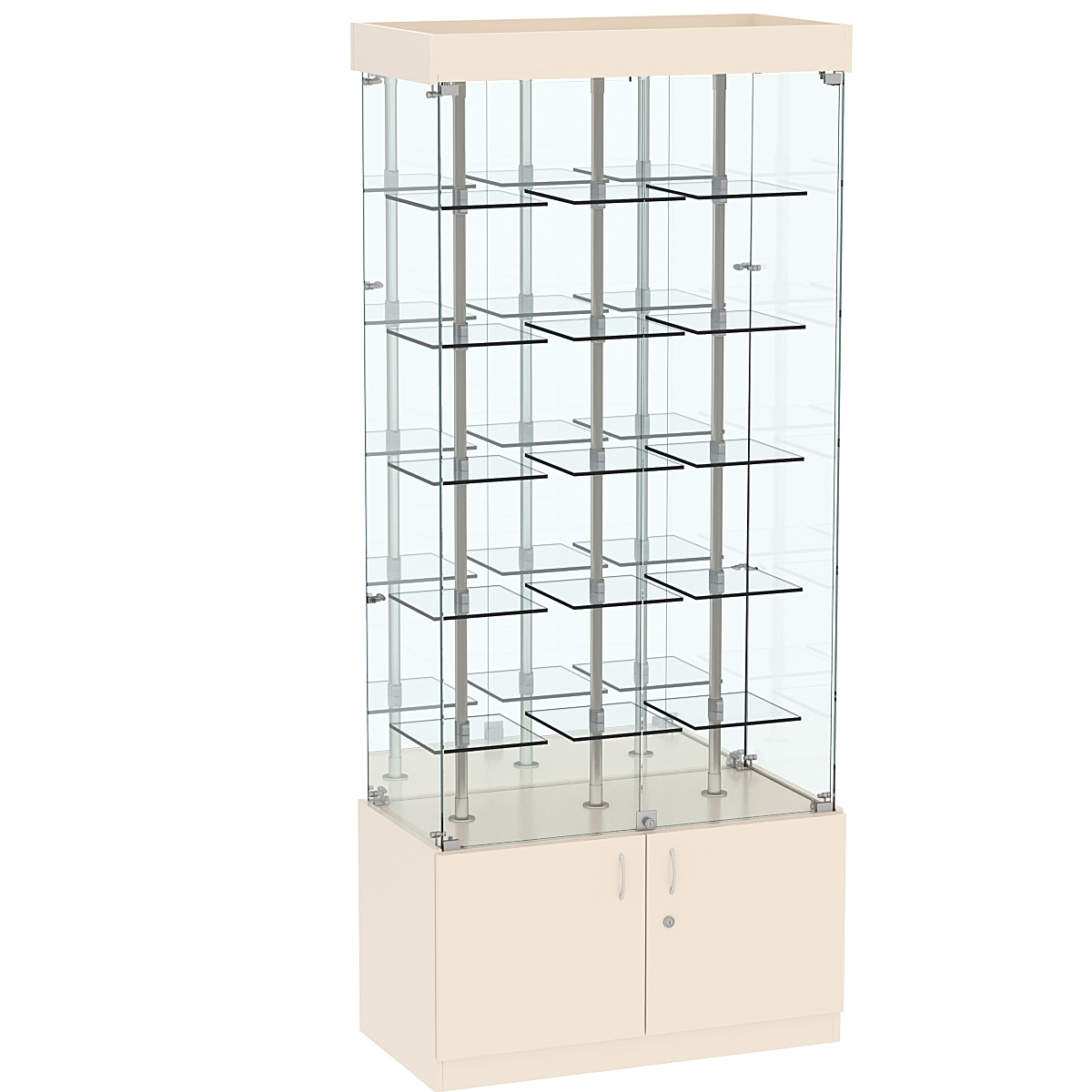 Стеклянная торговая витрина зеркальная с маленькими прозрачными полками Фрактал №3-1 Крем Вайс