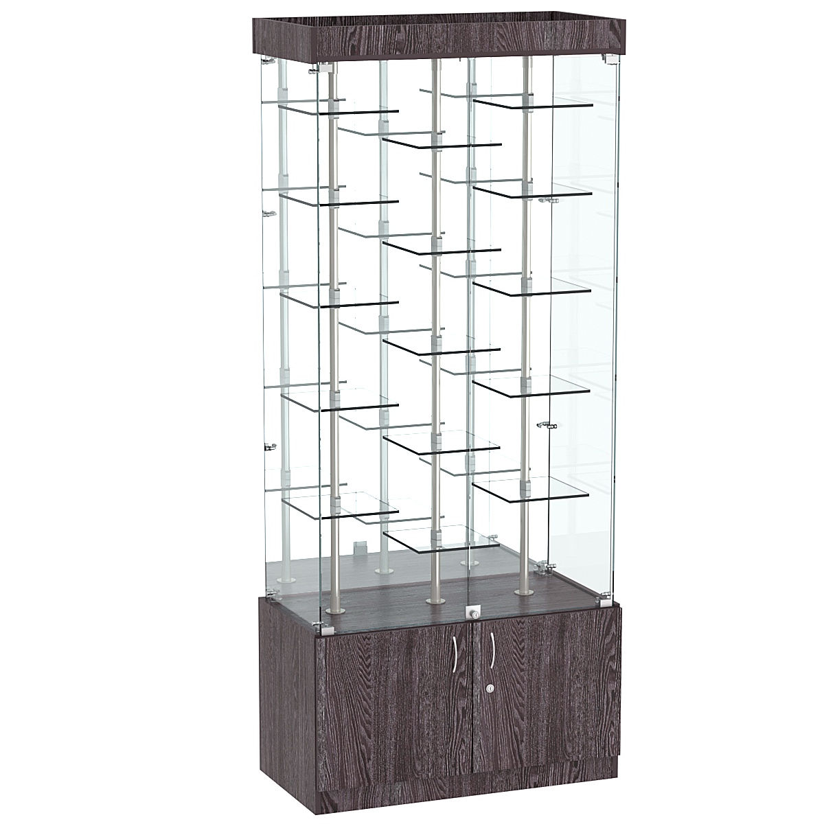 Стеклянная торговая витрина широкая с пятнадцатью двойными полочками из прозрачного стекла Фрактал №3-2 Ясень Анкор темный - U31105