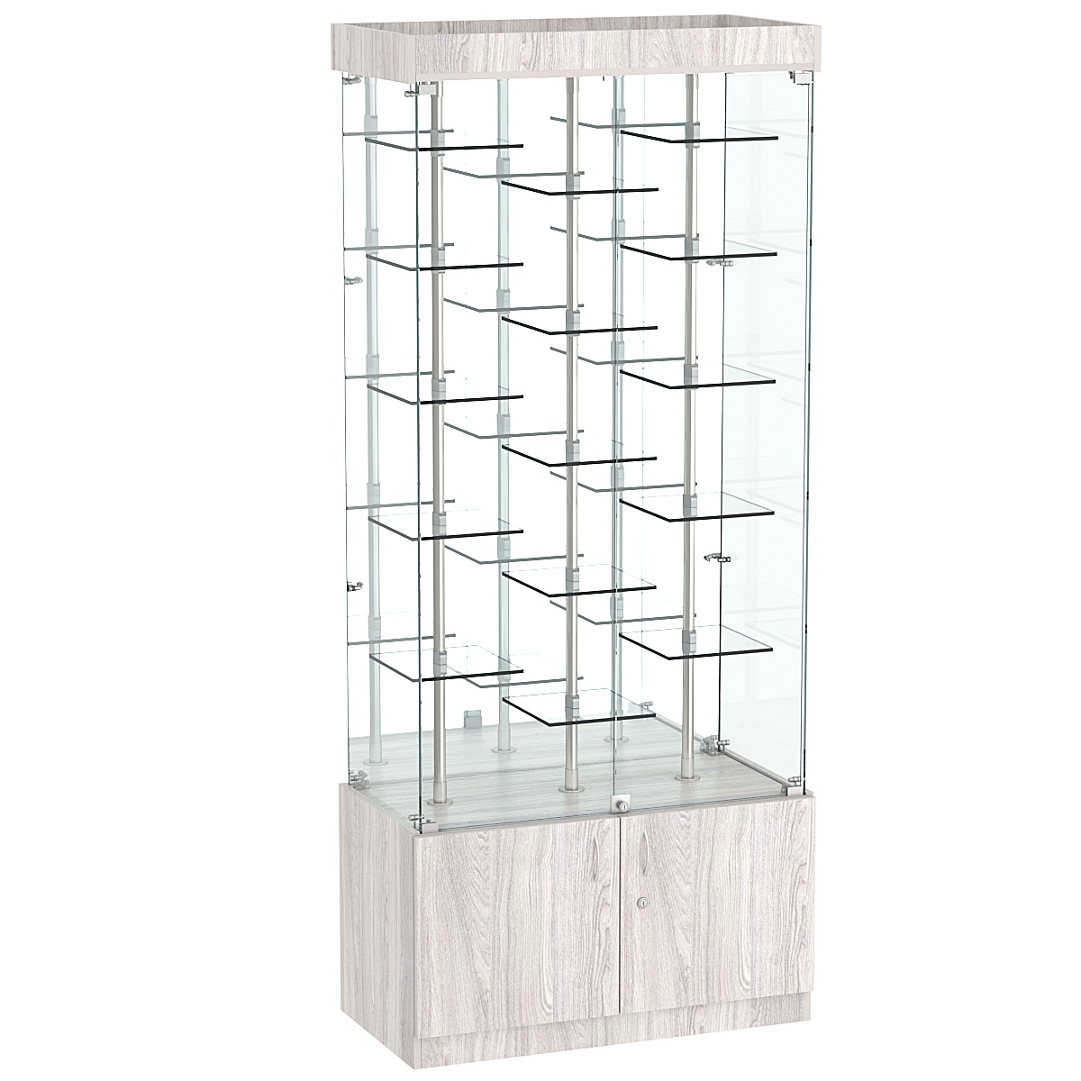 Стеклянная торговая витрина широкая с пятнадцатью двойными полочками из прозрачного стекла Фрактал №3-2 Ясень Анкор светлый - U31104