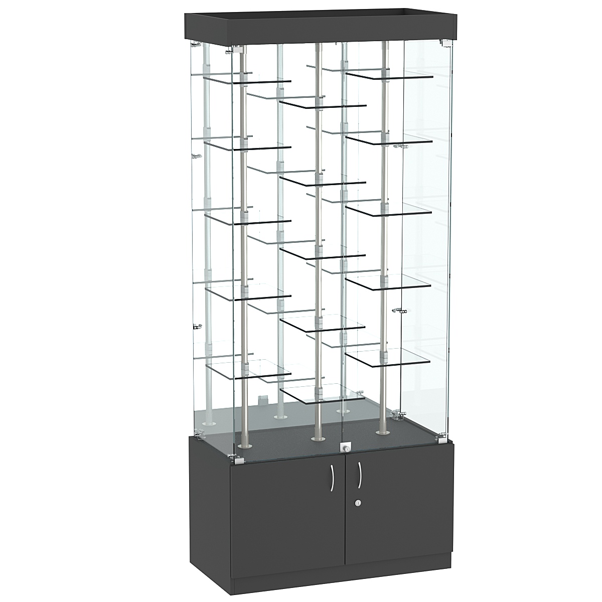 Стеклянная торговая витрина широкая с пятнадцатью двойными полочками из прозрачного стекла Фрактал №3-2 Черный