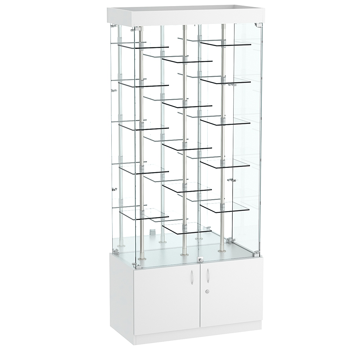 Стеклянная торговая витрина широкая с пятнадцатью двойными полочками из прозрачного стекла Фрактал №3-2 Cерый