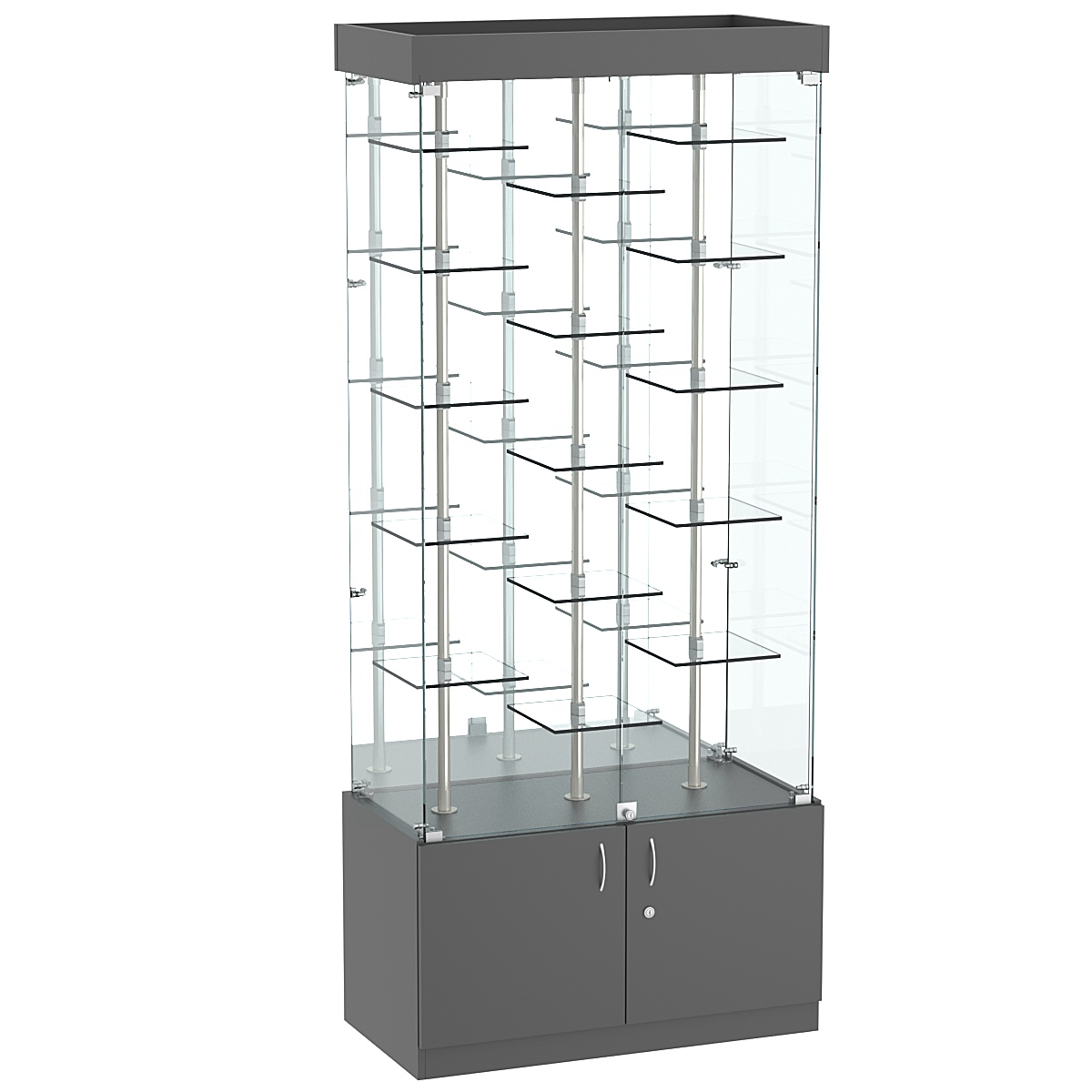 Стеклянная торговая витрина широкая с пятнадцатью двойными полочками из прозрачного стекла Фрактал №3-2 Темно-Серый