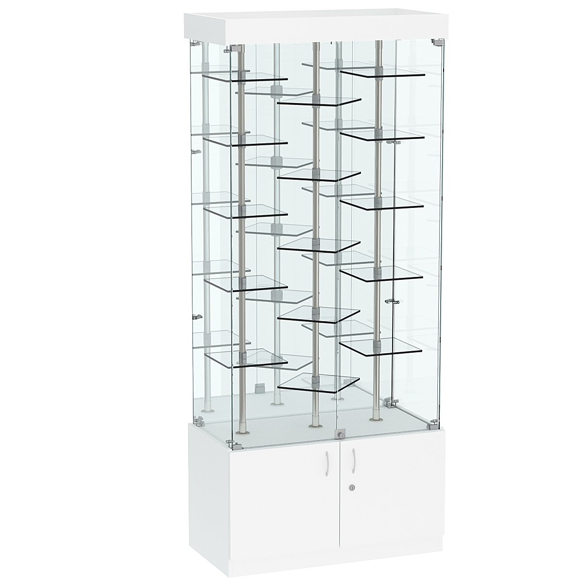 Стеклянная торговая витрина прямоугольная с зеркальной стенкой и прозрачными полками Фрактал №3-3 Белый
