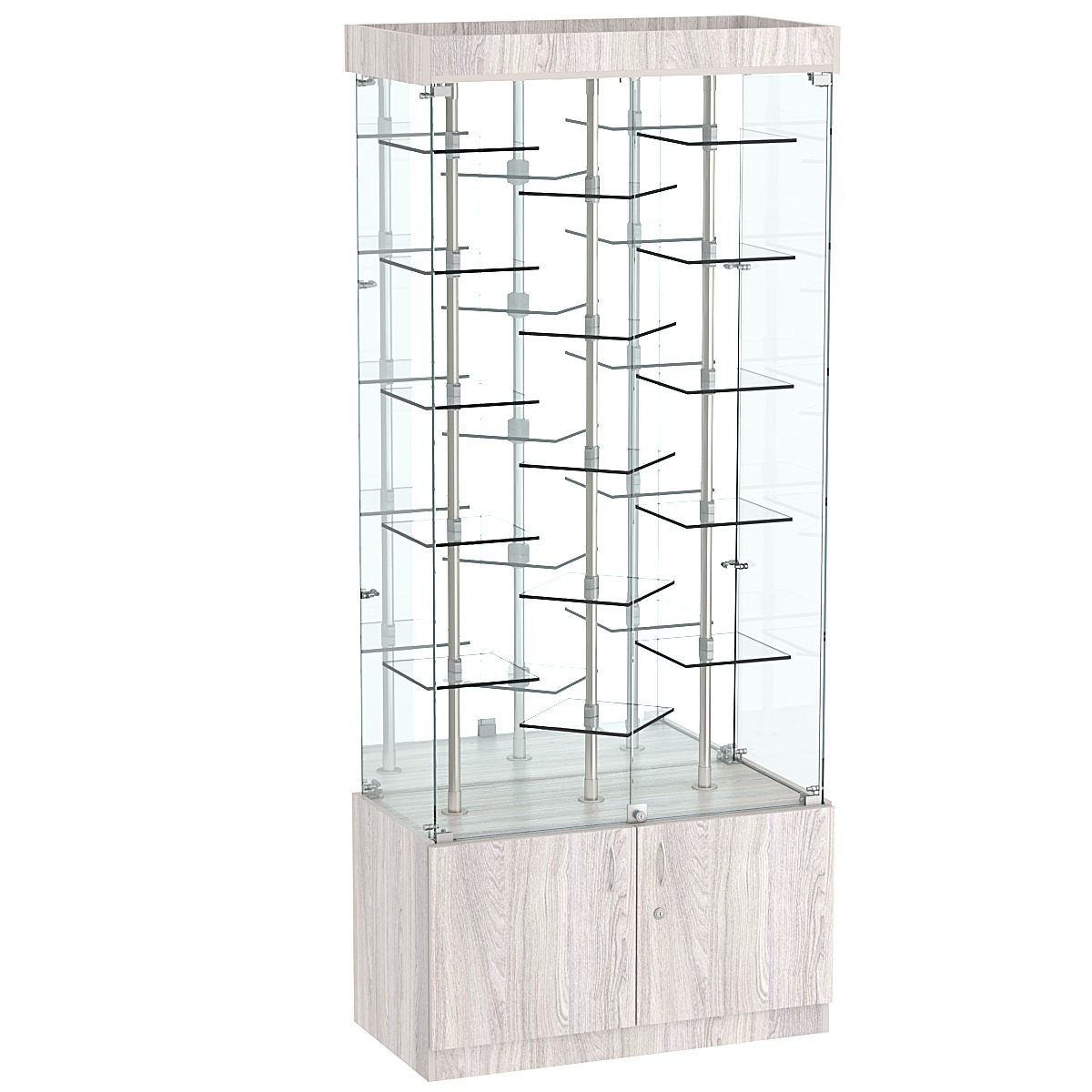 Стеклянная торговая витрина прямоугольная с зеркальной стенкой и прозрачными полками Фрактал №3-3 Ясень Анкор светлый - U31104