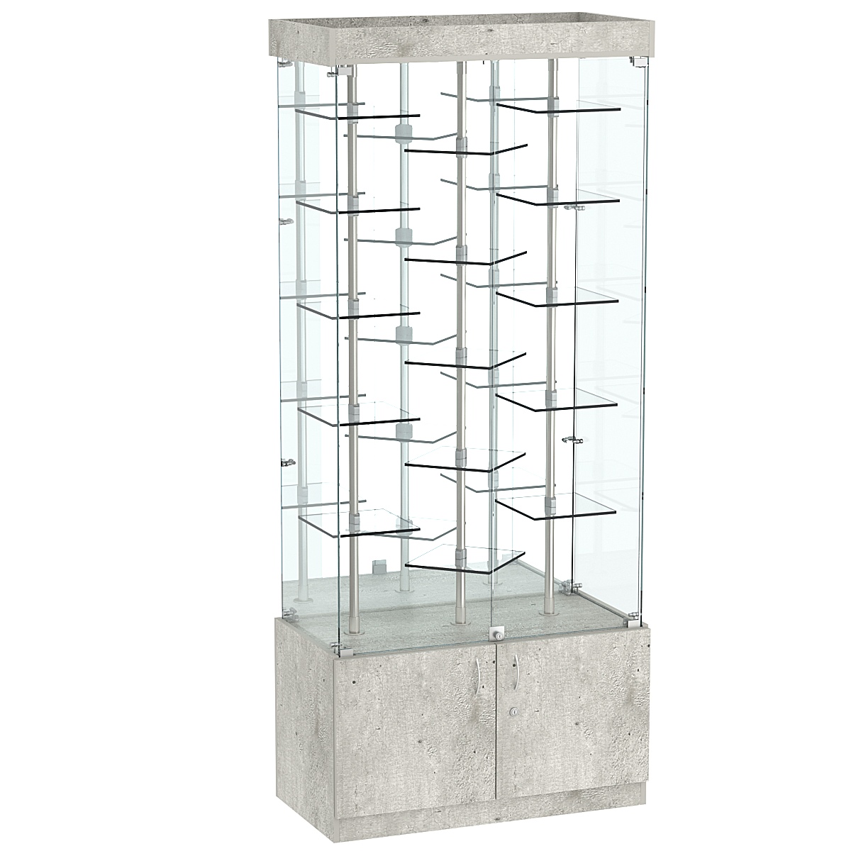 Стеклянная торговая витрина прямоугольная с зеркальной стенкой и прозрачными полками Фрактал №3-3 Метрополитан Грей