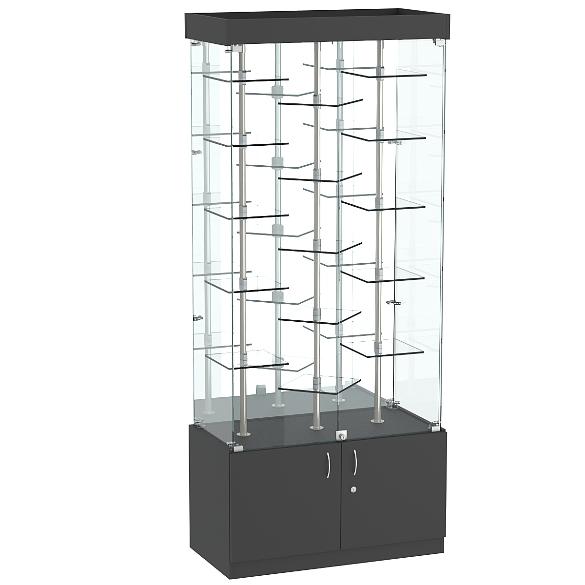 Стеклянная торговая витрина прямоугольная с зеркальной стенкой и прозрачными полками Фрактал №3-3 Черный