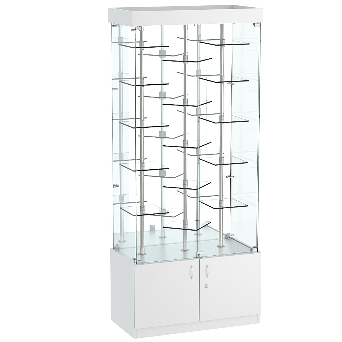 Стеклянная торговая витрина прямоугольная с зеркальной стенкой и прозрачными полками Фрактал №3-3 Cерый