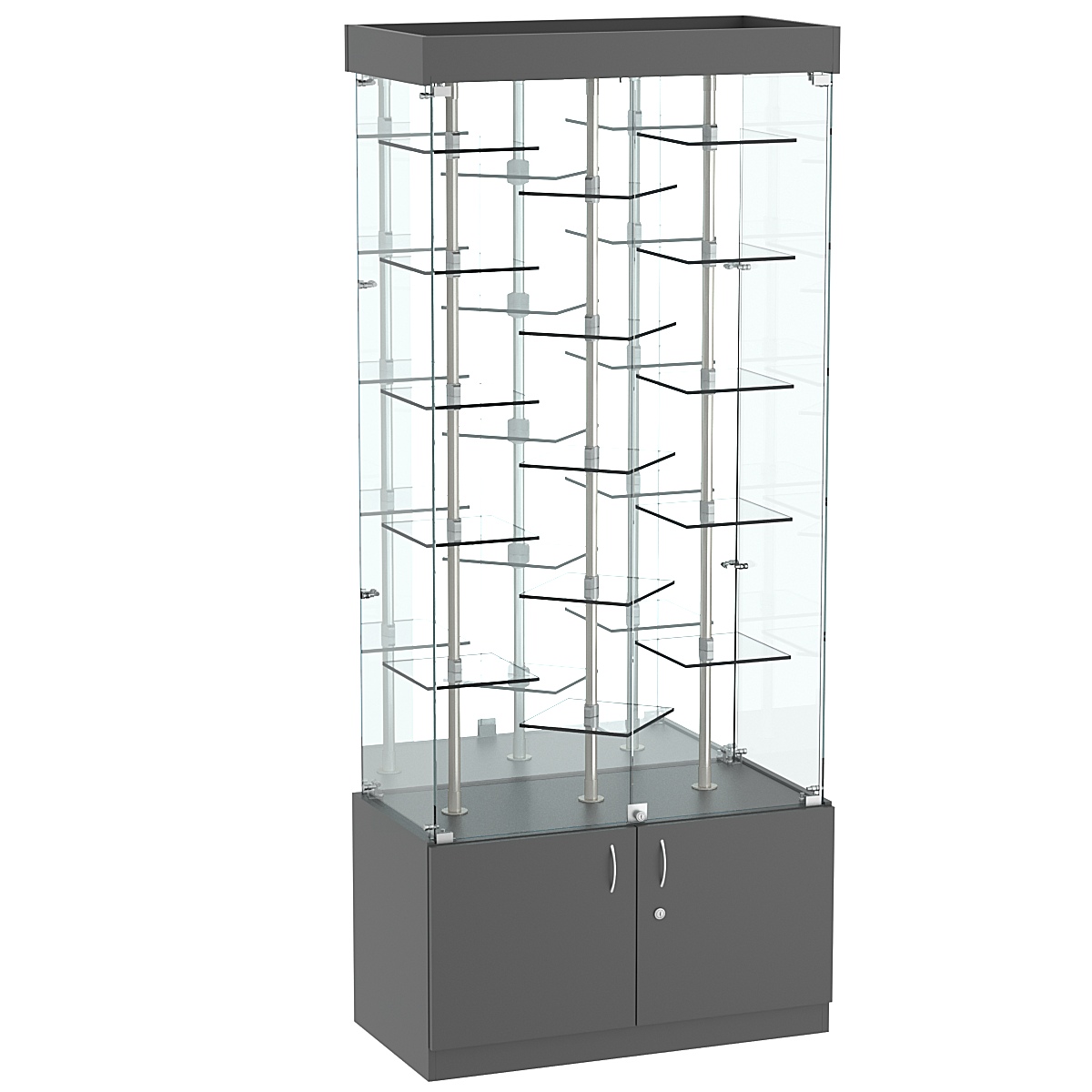 Стеклянная торговая витрина прямоугольная с зеркальной стенкой и прозрачными полками Фрактал №3-3 Темно-Серый