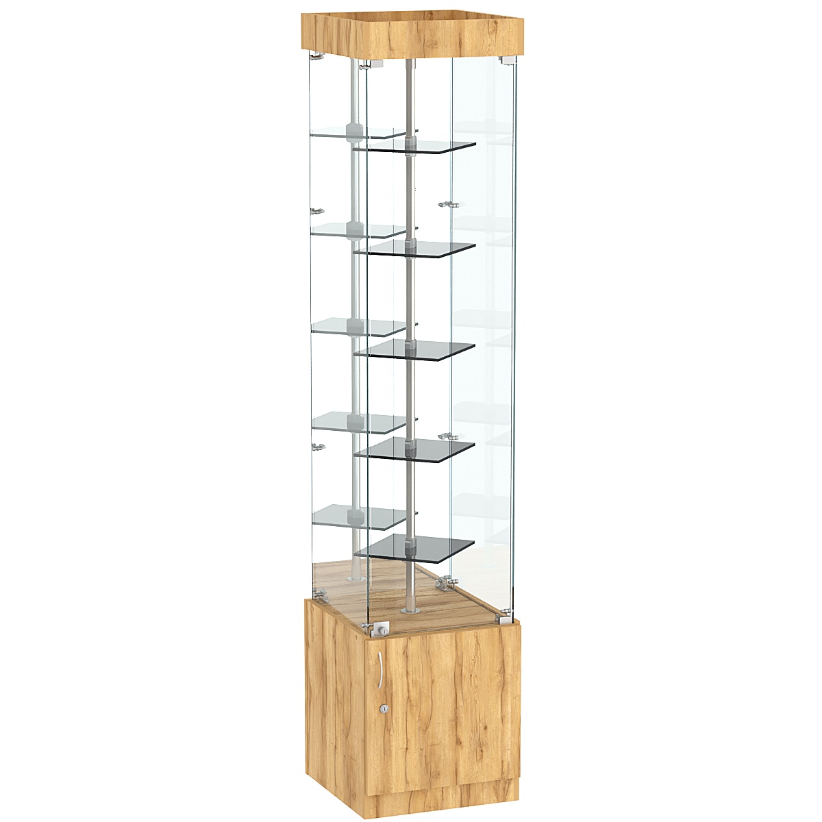 Стеклянная торговая витрина зеркальная с маленькими тонированными полками Dark №4-1 Дуб Золотистый