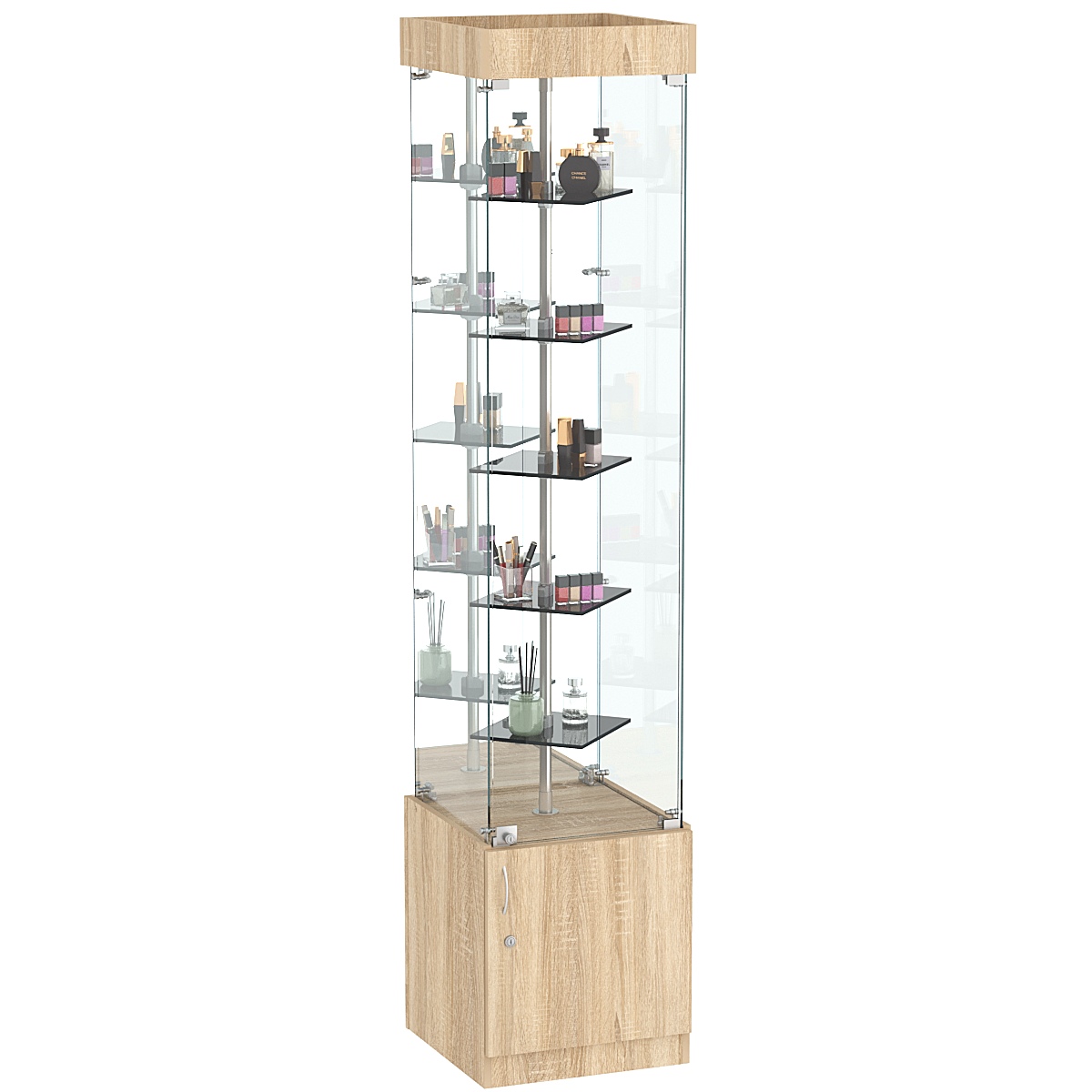 Стеклянная торговая витрина зеркальная с маленькими тонированными полками Dark №4-1 Дуб сонома