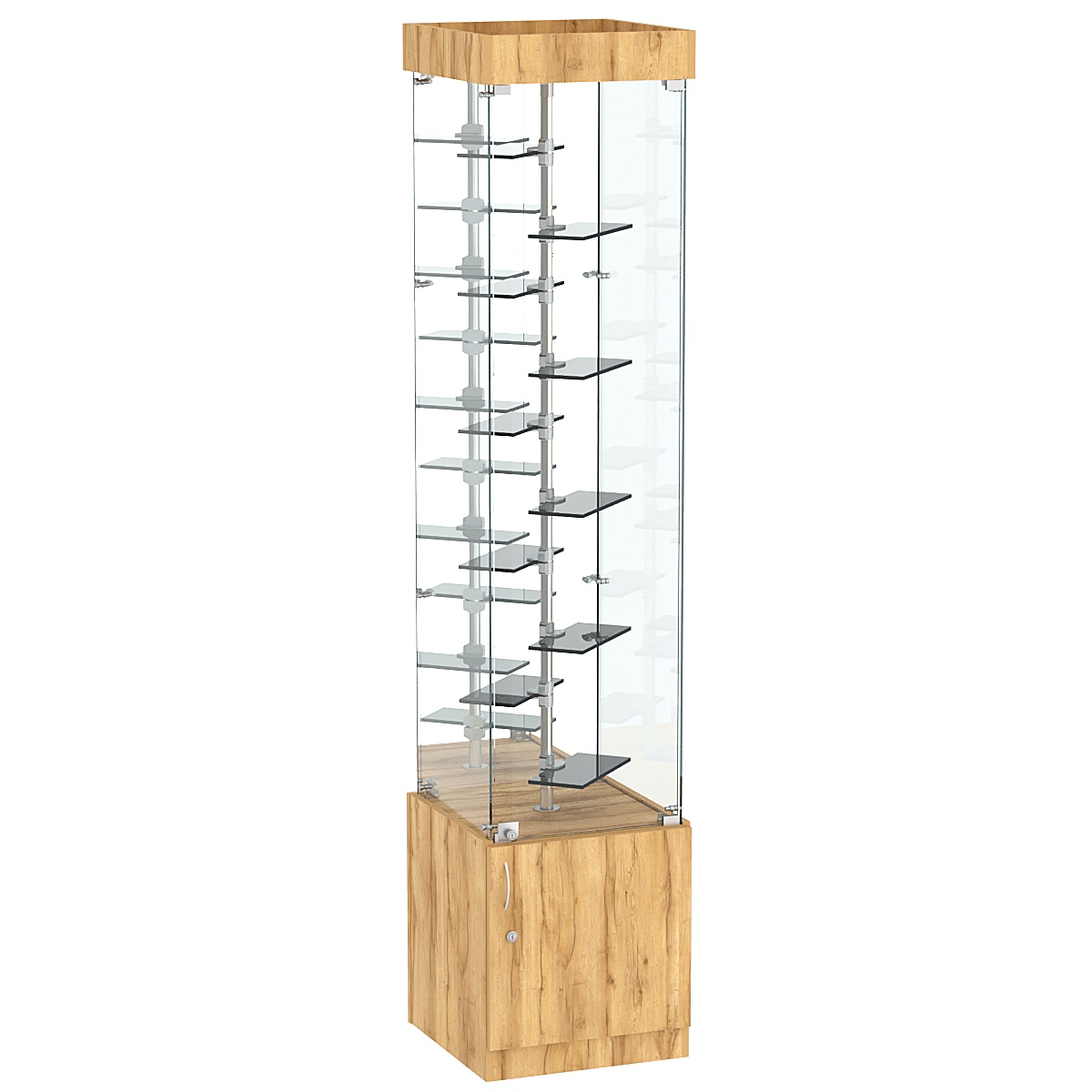 Стеклянная торговая витрина с миниатюрными тонированными полками Dark №4-2 Дуб Золотистый