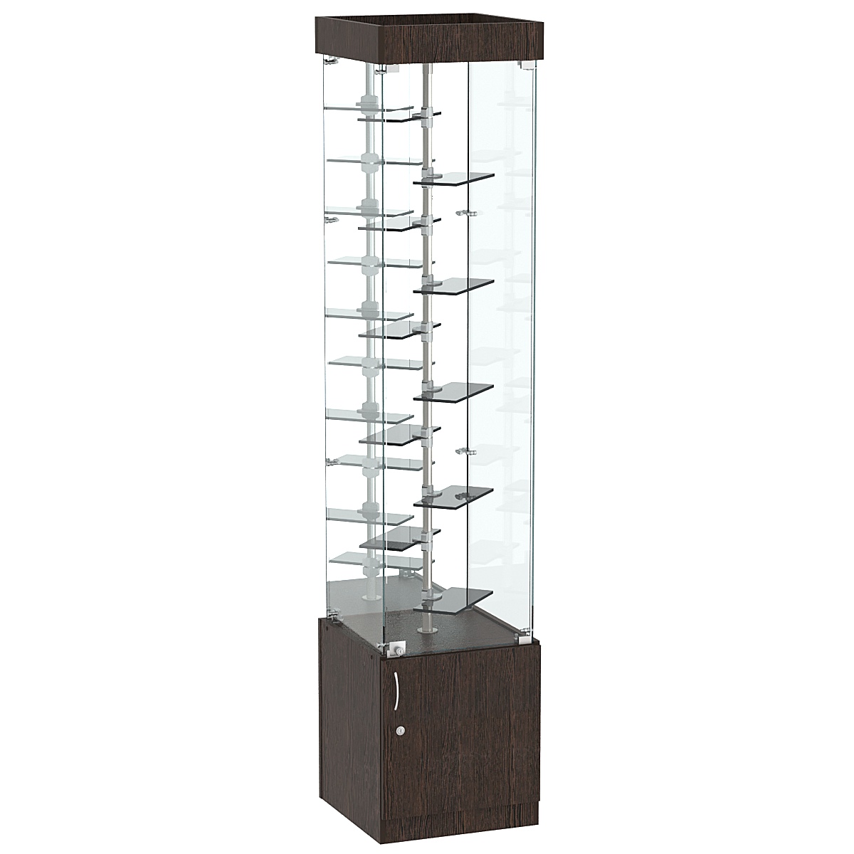 Стеклянная торговая витрина с миниатюрными тонированными полками Dark №4-2 Дуб Венге