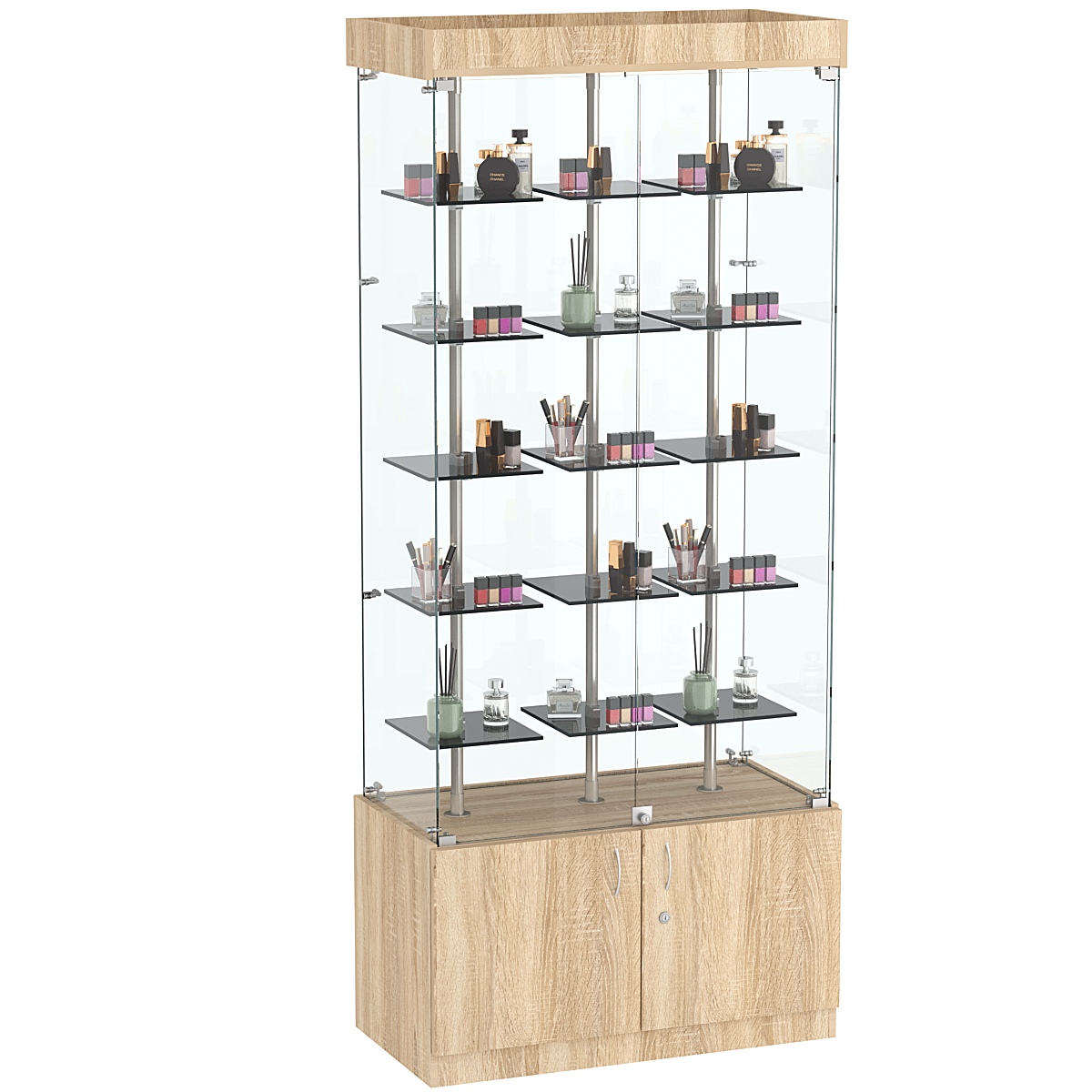 Стеклянная торговая витрина прямоугольная с маленькими тонированными полками Dark №1-1 Дуб сонома