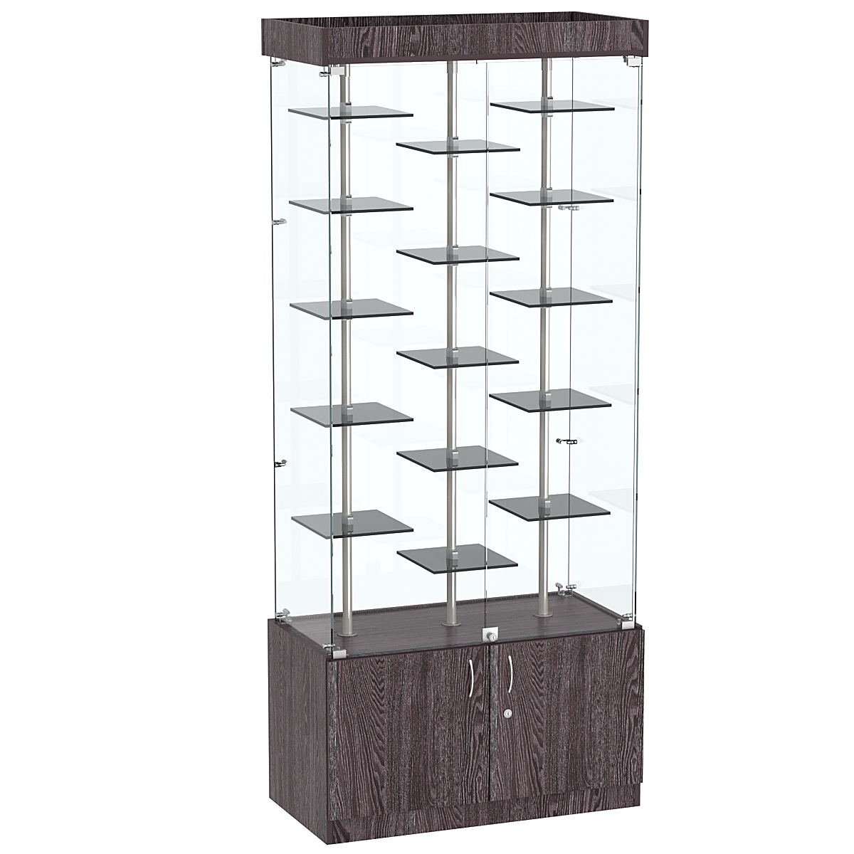 Стеклянная торговая витрина с подсветкой и маленькими тонированными полками Dark №1-2 Ясень Анкор темный - U31105
