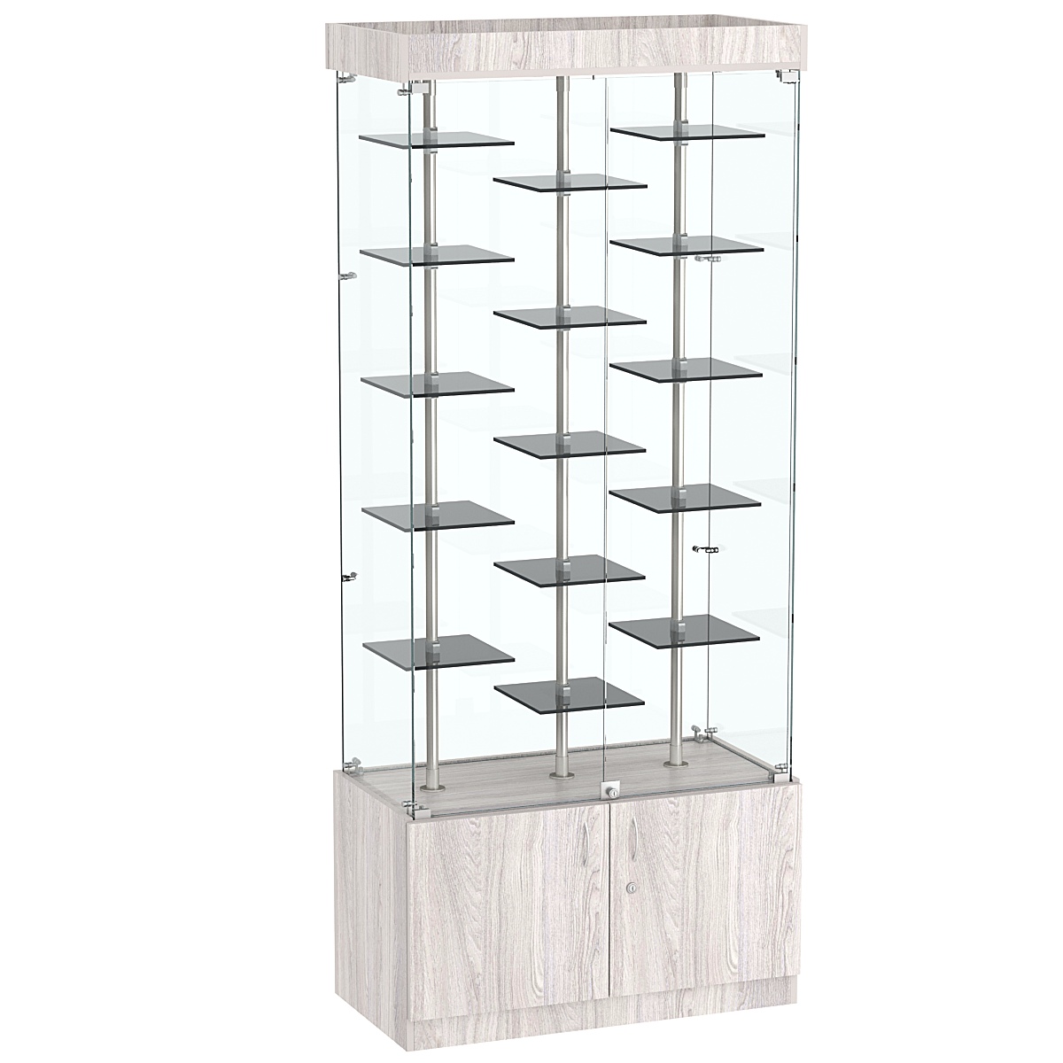 Стеклянная торговая витрина с подсветкой и маленькими тонированными полками Dark №1-2 Ясень Анкор светлый - U31104