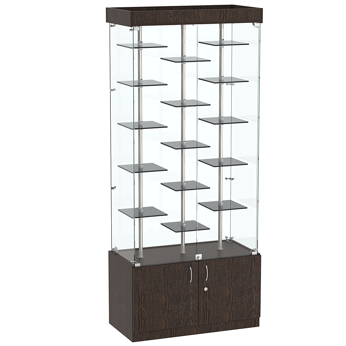 Стеклянная торговая витрина с подсветкой и маленькими тонированными полками Dark №1-2 Дуб Венге