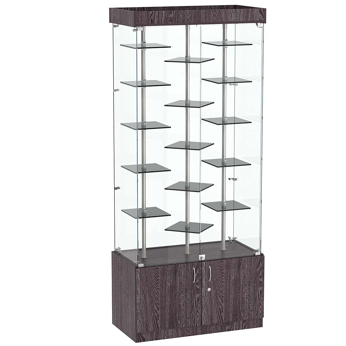 Стеклянная торговая витрина в прозрачном каркасе с маленькими тонированными полками Dark №1-3 Ясень Анкор темный - U31105
