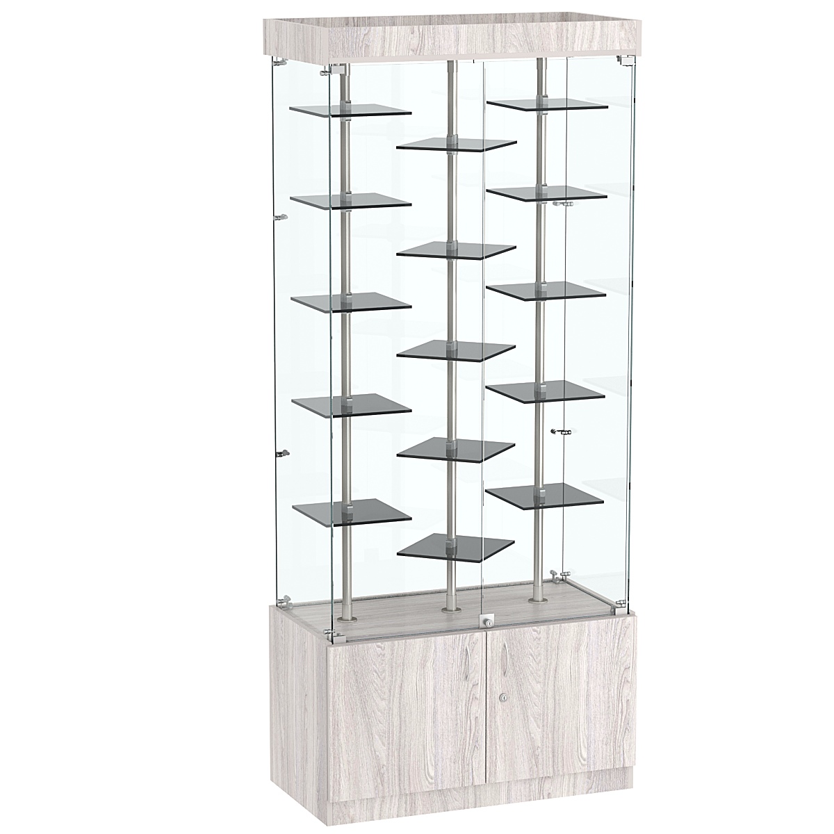 Стеклянная торговая витрина в прозрачном каркасе с маленькими тонированными полками Dark №1-3 Ясень Анкор светлый - U31104