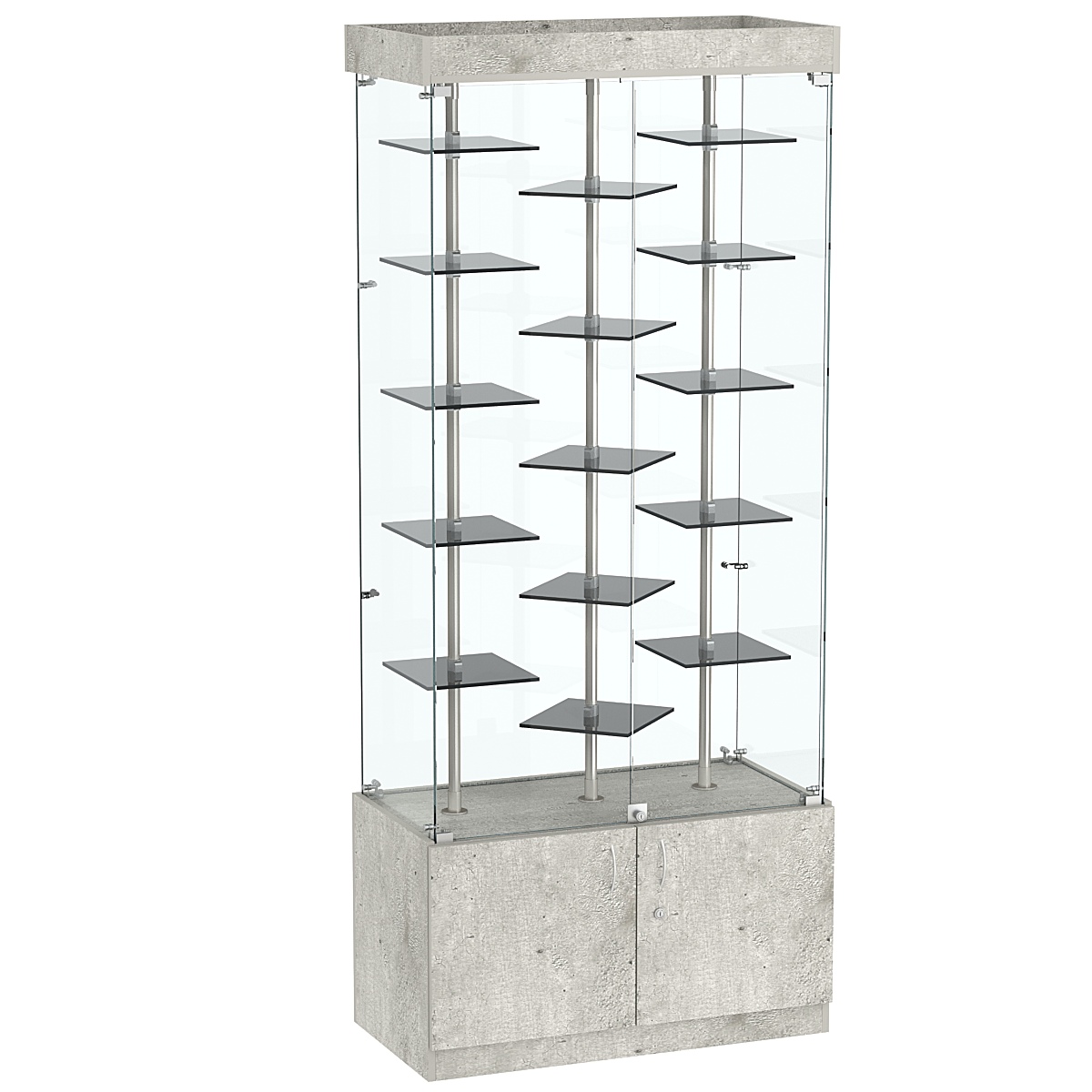 Стеклянная торговая витрина в прозрачном каркасе с маленькими тонированными полками Dark №1-3 Метрополитан Грей