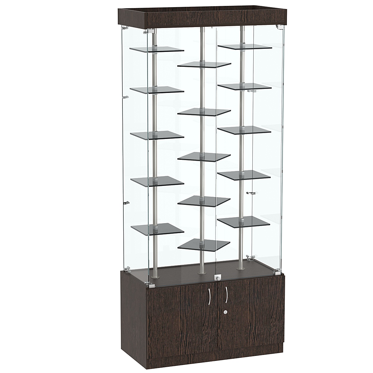 Стеклянная торговая витрина в прозрачном каркасе с маленькими тонированными полками Dark №1-3 Дуб Венге