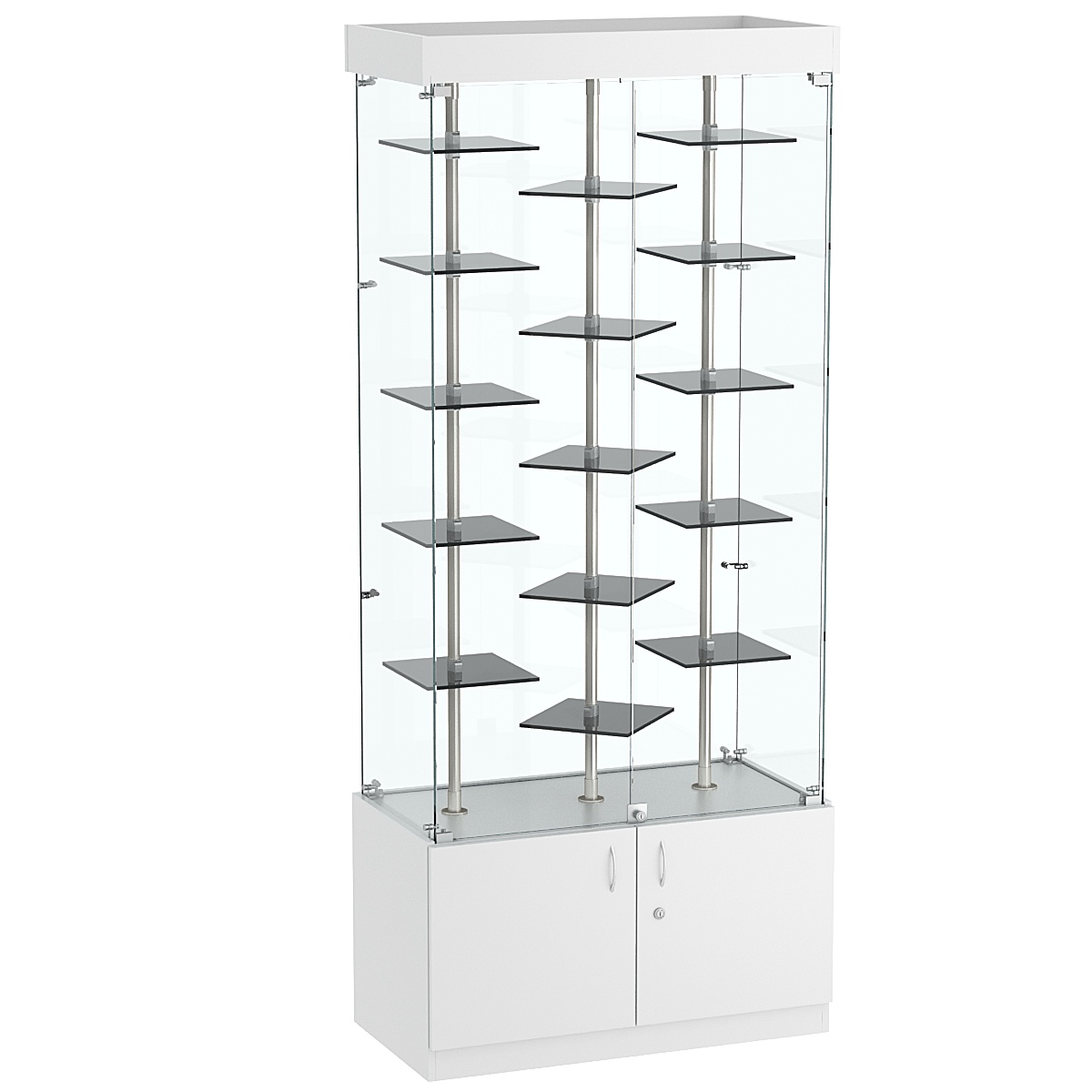 Стеклянная торговая витрина в прозрачном каркасе с маленькими тонированными полками Dark №1-3 Cерый