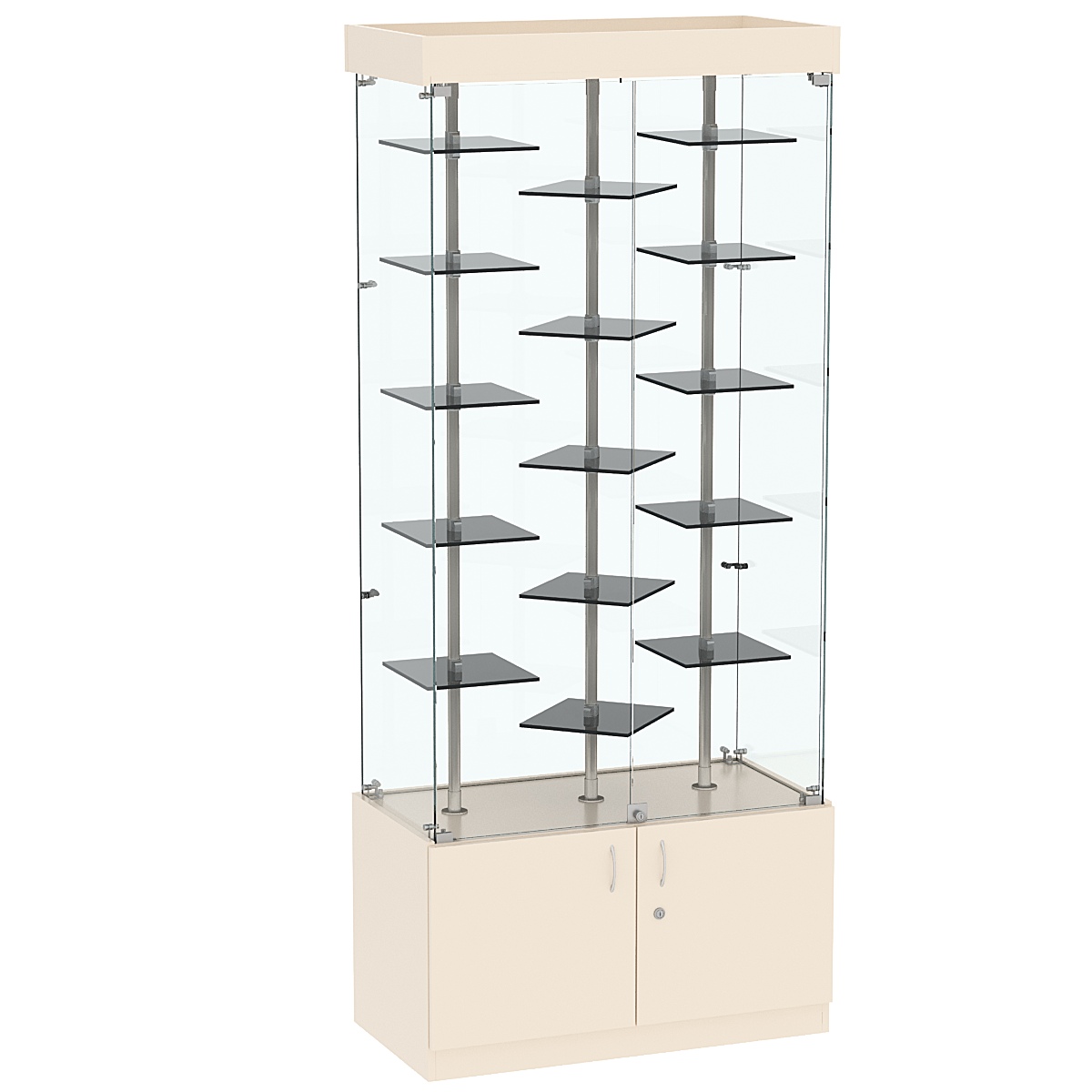 Стеклянная торговая витрина в прозрачном каркасе с маленькими тонированными полками Dark №1-3 Крем Вайс