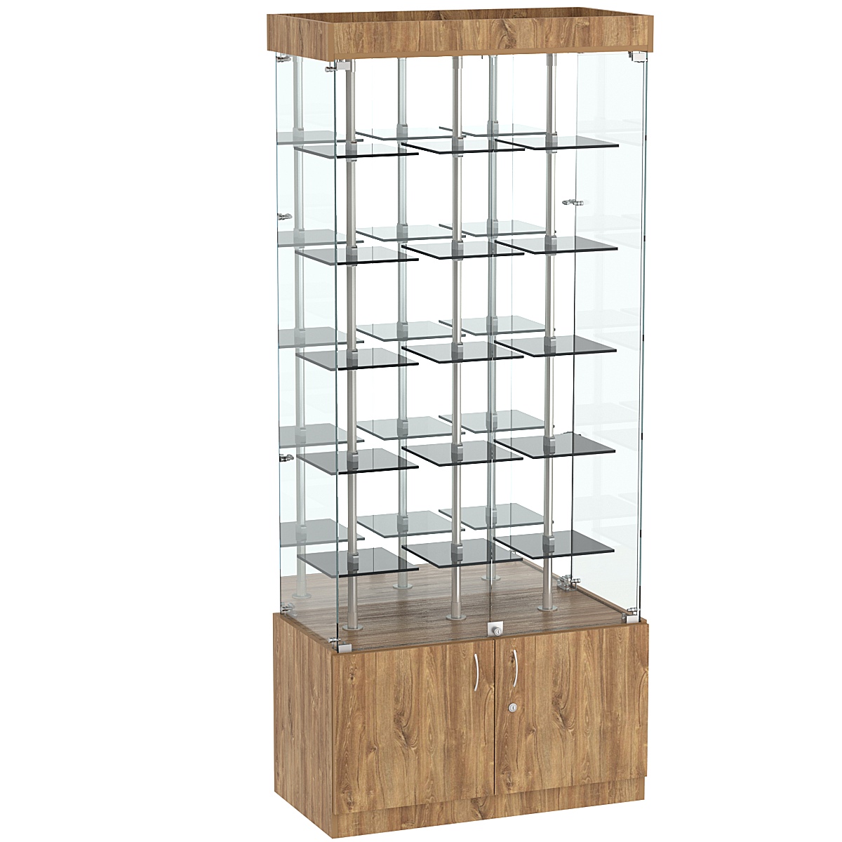 Стеклянная торговая витрина с зеркальной стенкой и маленькими тонированными полками Dark №3-1 Дуб канзас коричневый Н1113 ST10