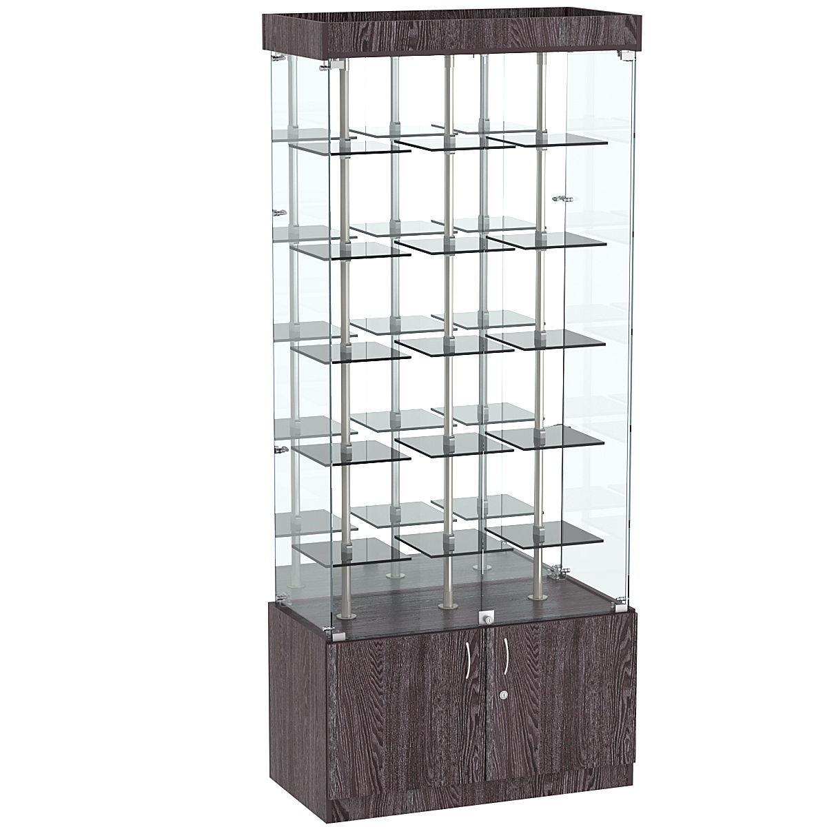 Стеклянная торговая витрина с зеркальной стенкой и маленькими тонированными полками Dark №3-1 Ясень Анкор темный - U31105