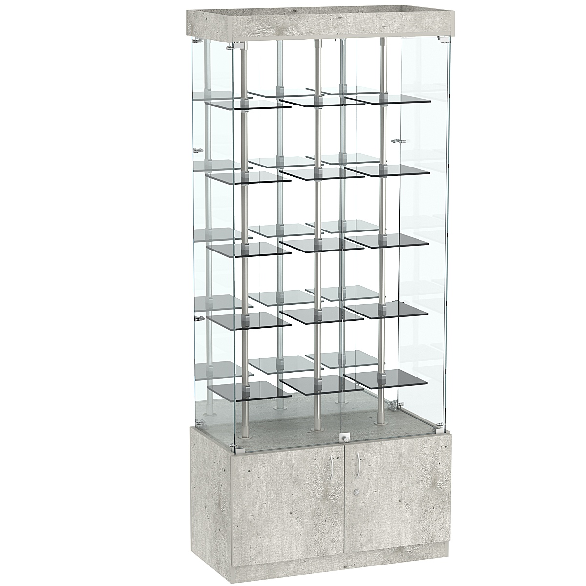 Стеклянная торговая витрина с зеркальной стенкой и маленькими тонированными полками Dark №3-1 Метрополитан Грей