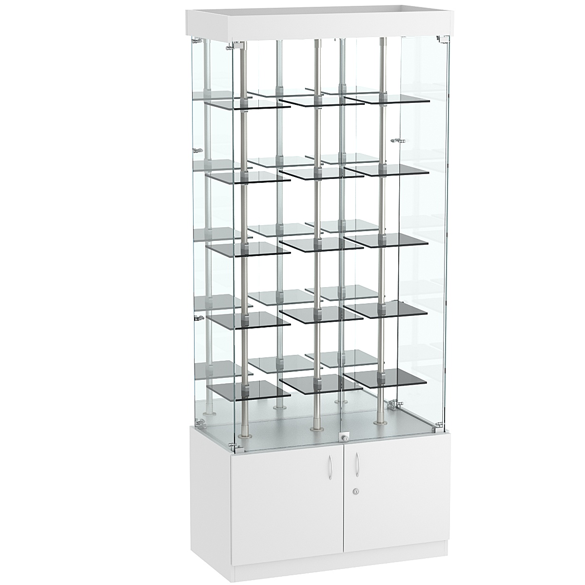 Стеклянная торговая витрина с зеркальной стенкой и маленькими тонированными полками Dark №3-1 Cерый