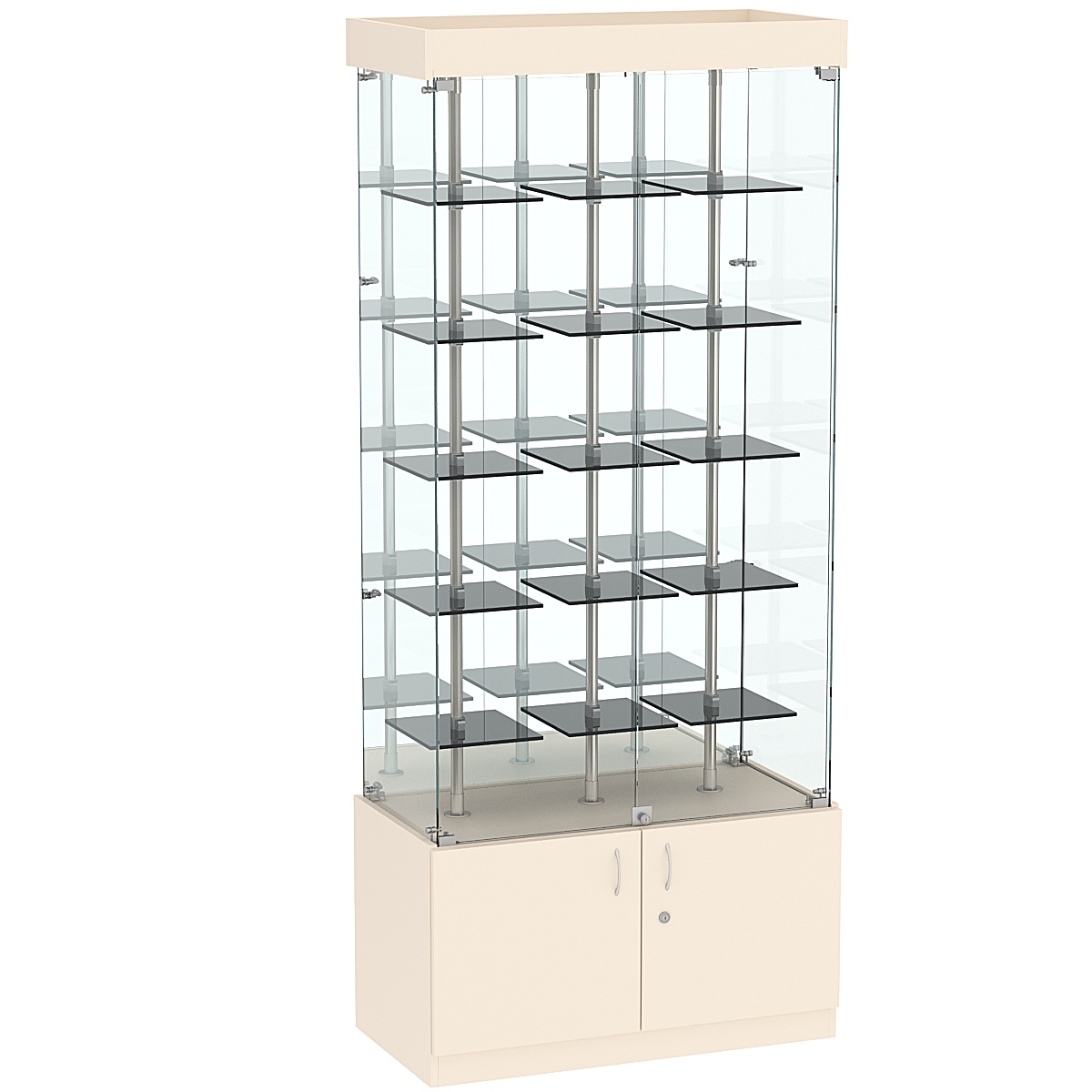 Стеклянная торговая витрина с зеркальной стенкой и маленькими тонированными полками Dark №3-1 Крем Вайс
