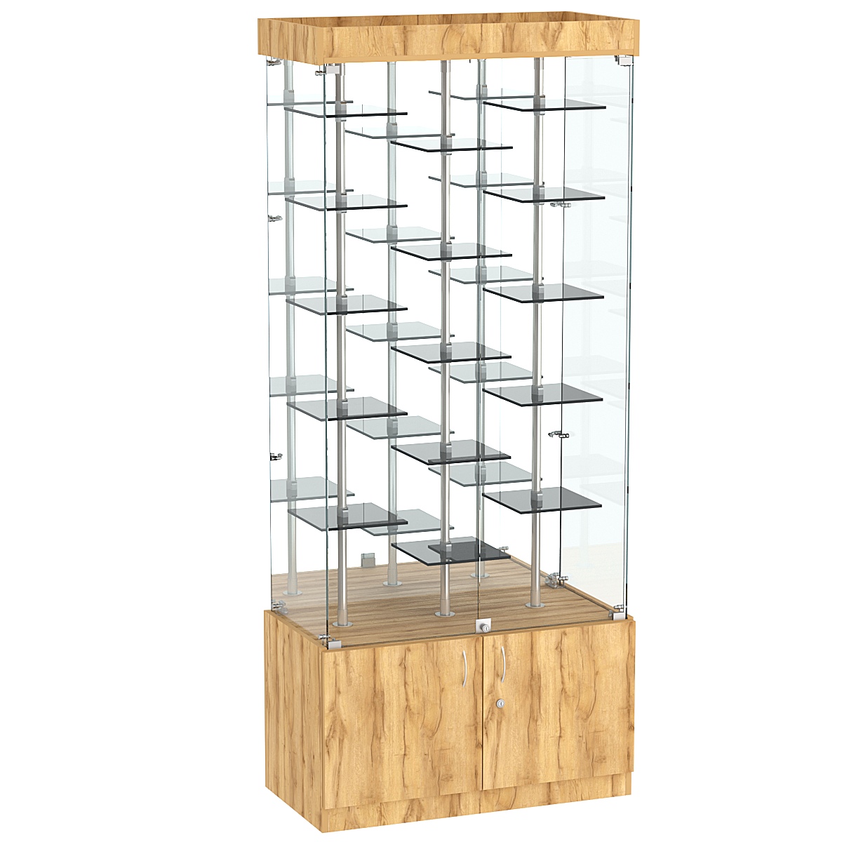 Стеклянная торговая витрина с пятнадцатью двойными полочками из тонированного стекла Dark №3-2 Дуб Золотистый