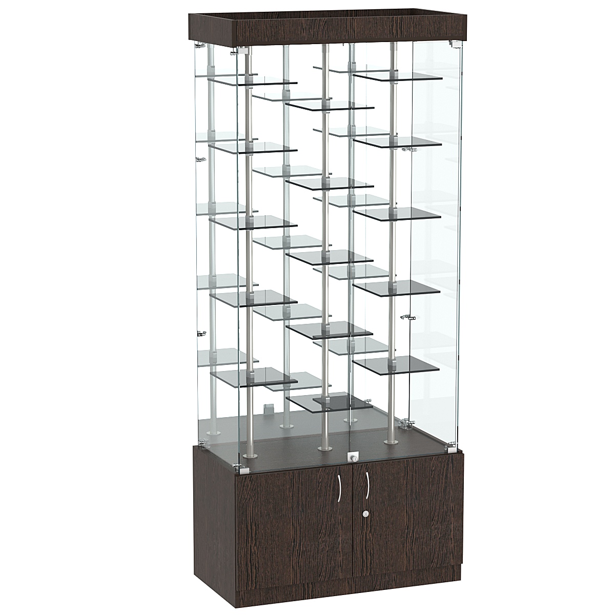 Стеклянная торговая витрина с пятнадцатью двойными полочками из тонированного стекла Dark №3-2 Дуб Венге