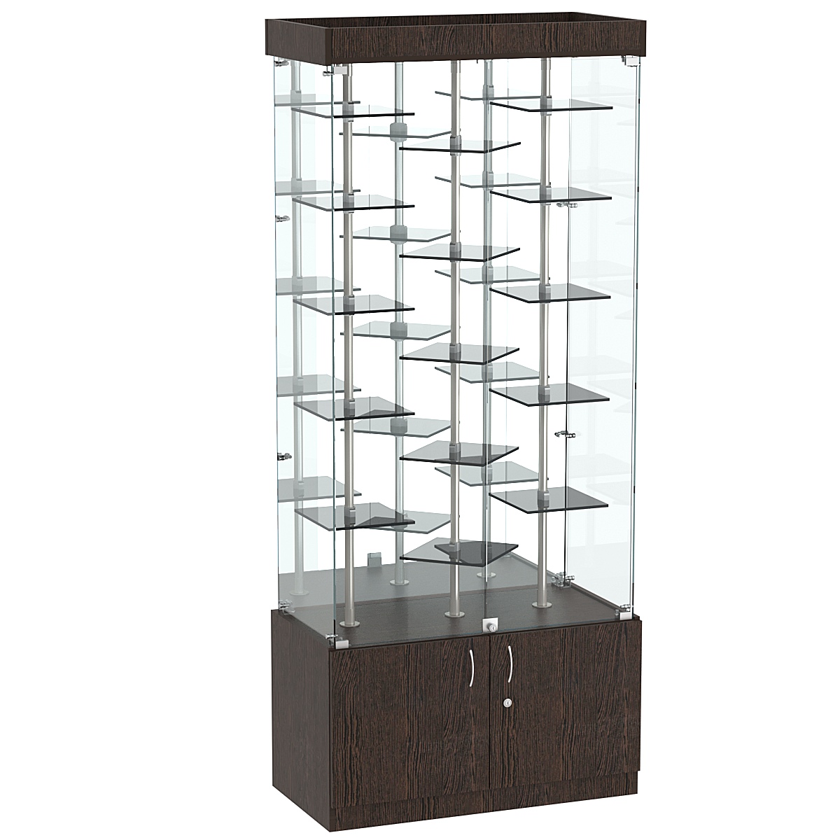 Стеклянная торговая витрина с маленькими ярусными полками из тонированного стекла Dark №3-3 Дуб Венге