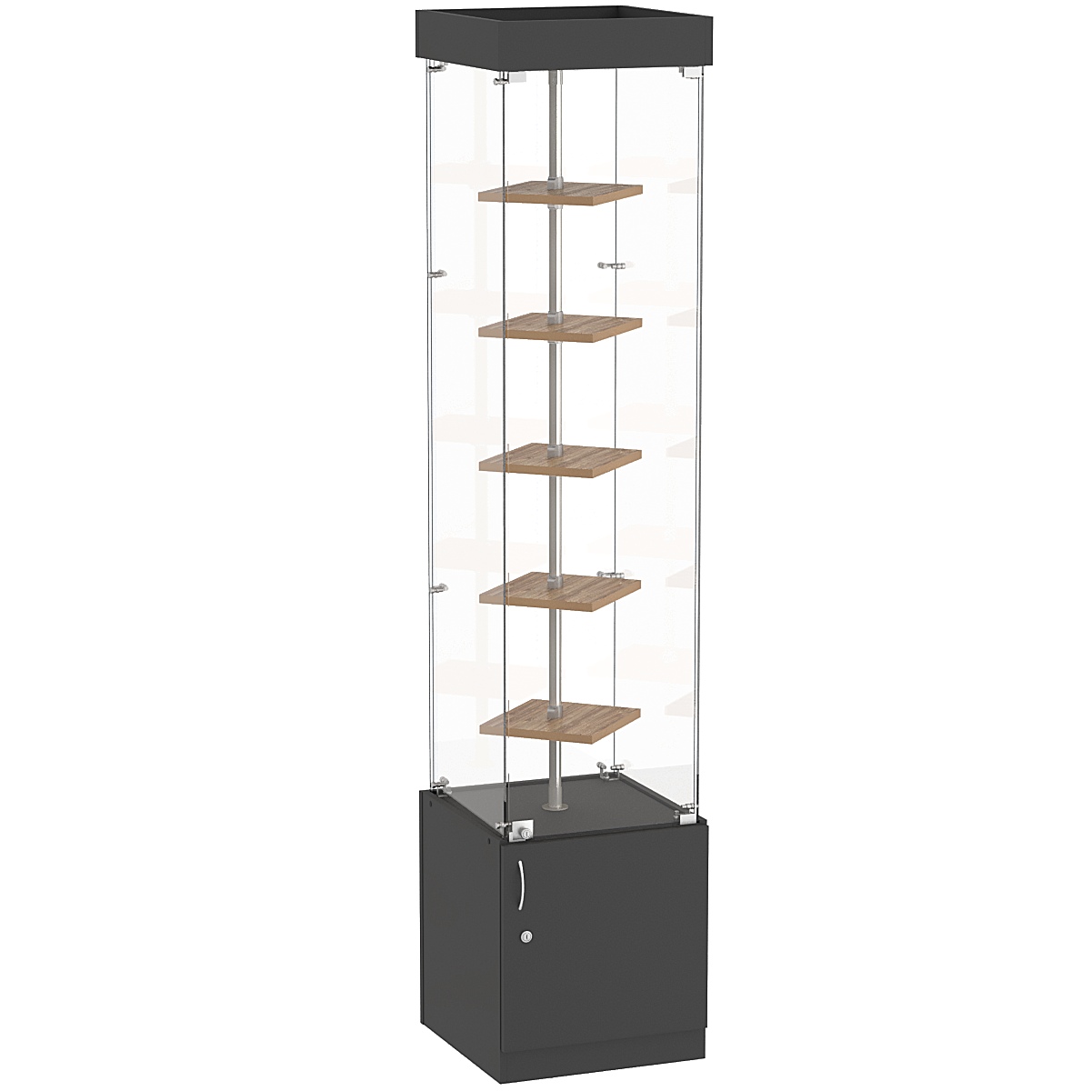 Стеклянная торговая витрина квадратная с маленькими полками ДСП серии Протон №2-1 Черный + Дуб Канзас коричневый