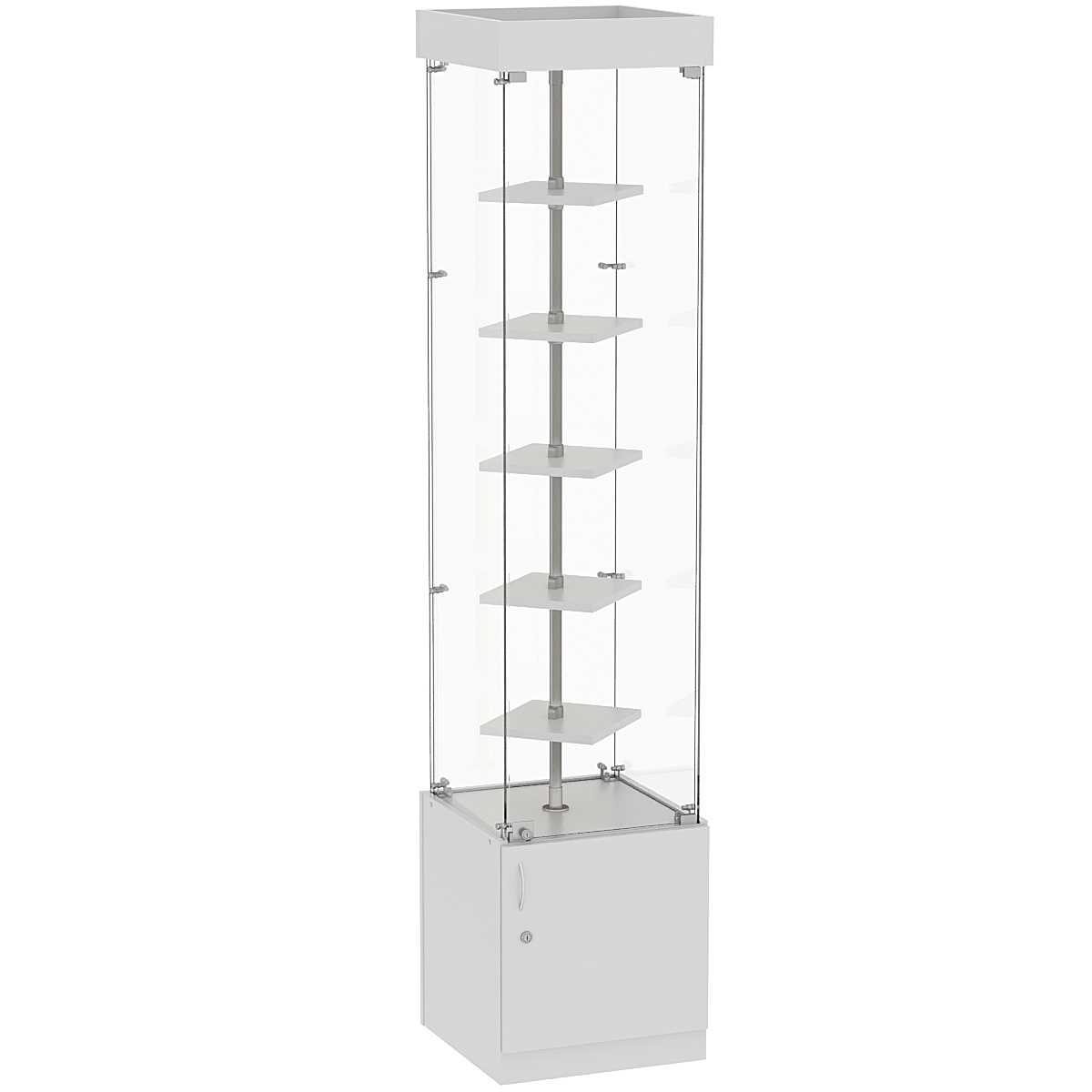 Стеклянная торговая витрина квадратная с маленькими полками ДСП серии Протон №2-1 Cерый