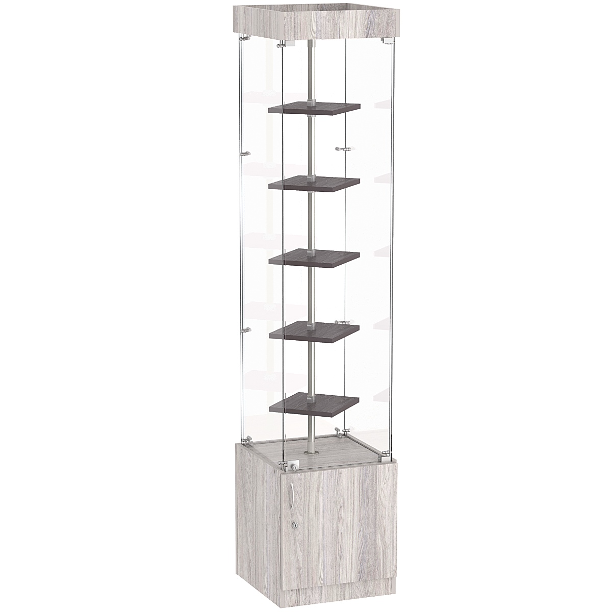 Стеклянная торговая витрина квадратная с маленькими полками ДСП серии Протон №2-1 Ясень Анкор светлый + Ясень Анкор темный