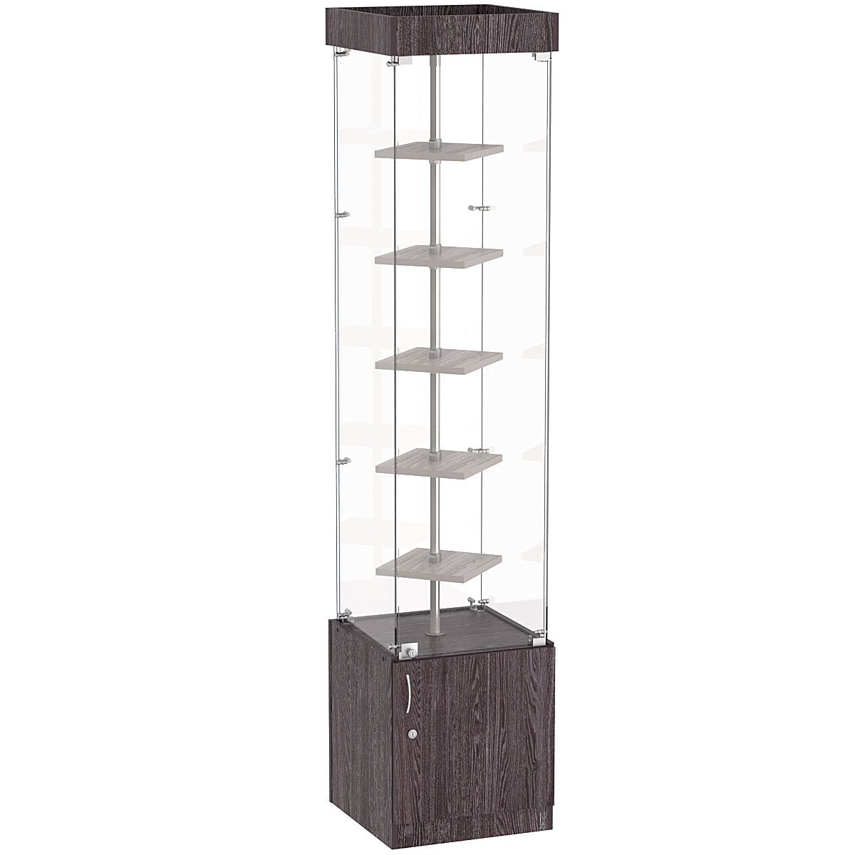 Стеклянная торговая витрина квадратная с маленькими полками ДСП серии Протон №2-1 Ясень Анкор темный + Ясень Анкор светлый