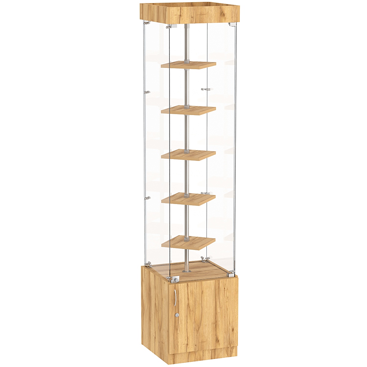 Стеклянная торговая витрина квадратная с маленькими полками ДСП серии Протон №2-1 Дуб Золотистый