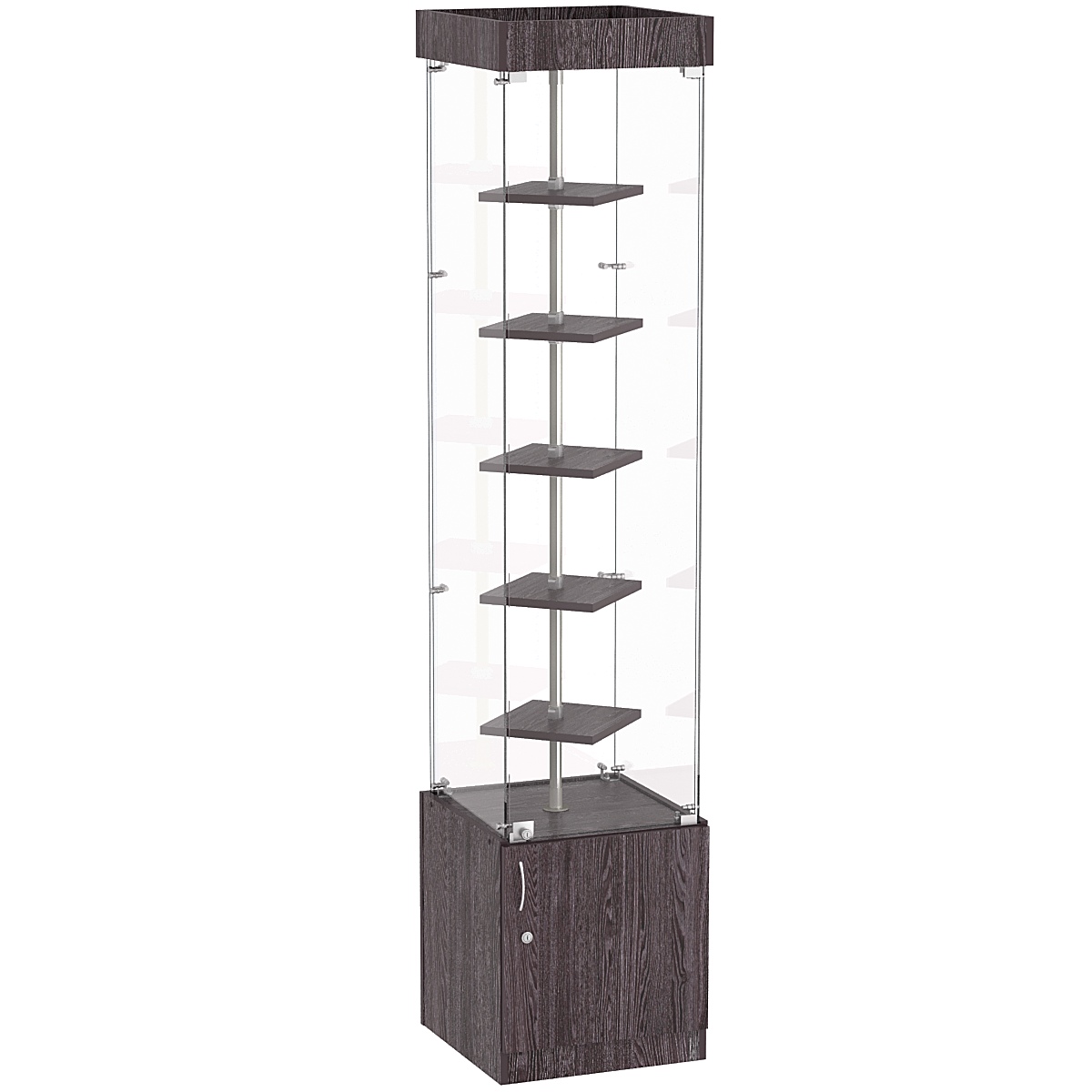 Стеклянная торговая витрина квадратная с маленькими полками ДСП серии Протон №2-1 Ясень Анкор темный - U31105