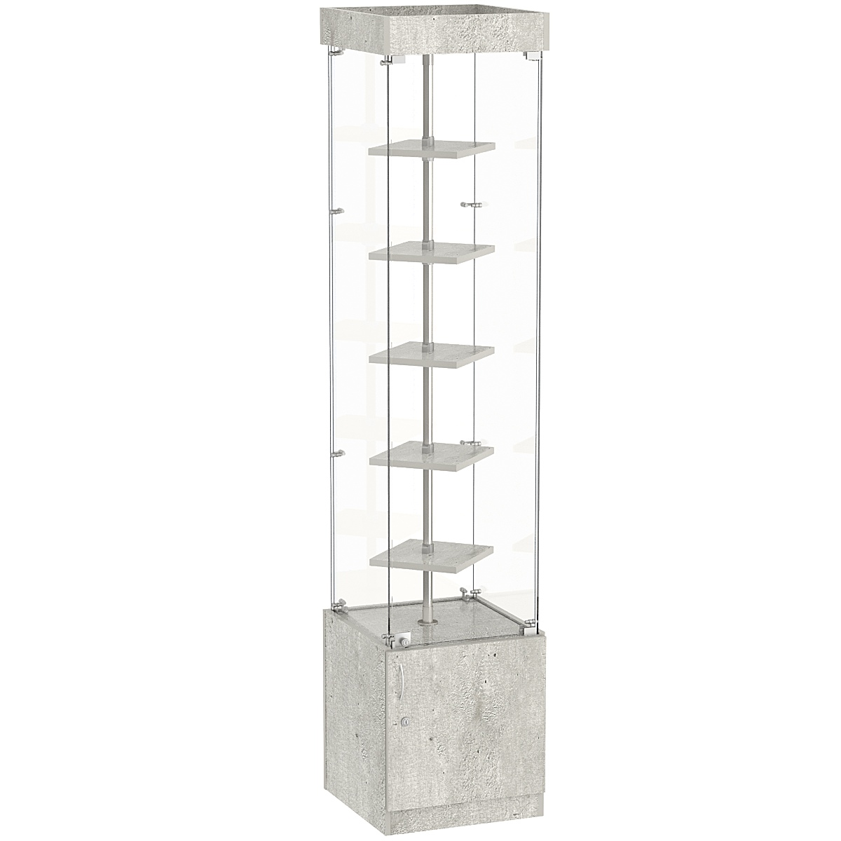 Стеклянная торговая витрина квадратная с маленькими полками ДСП серии Протон №2-1 Метрополитан Грей