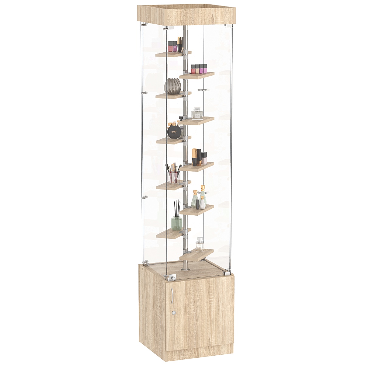 Стеклянная торговая витрина с прозрачными стенками и маленькими полками ДСП серии Протон №2-2 Дуб сонома