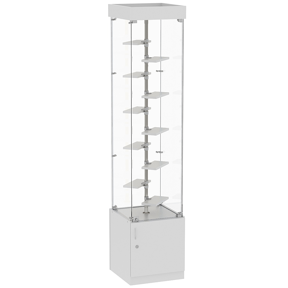 Стеклянная торговая витрина с прозрачными стенками и маленькими полками ДСП серии Протон №2-2 Cерый