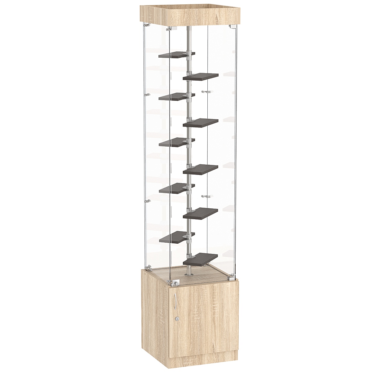 Стеклянная торговая витрина с прозрачными стенками и маленькими полками ДСП серии Протон №2-2 Дуб Сонома + Дуб Венге