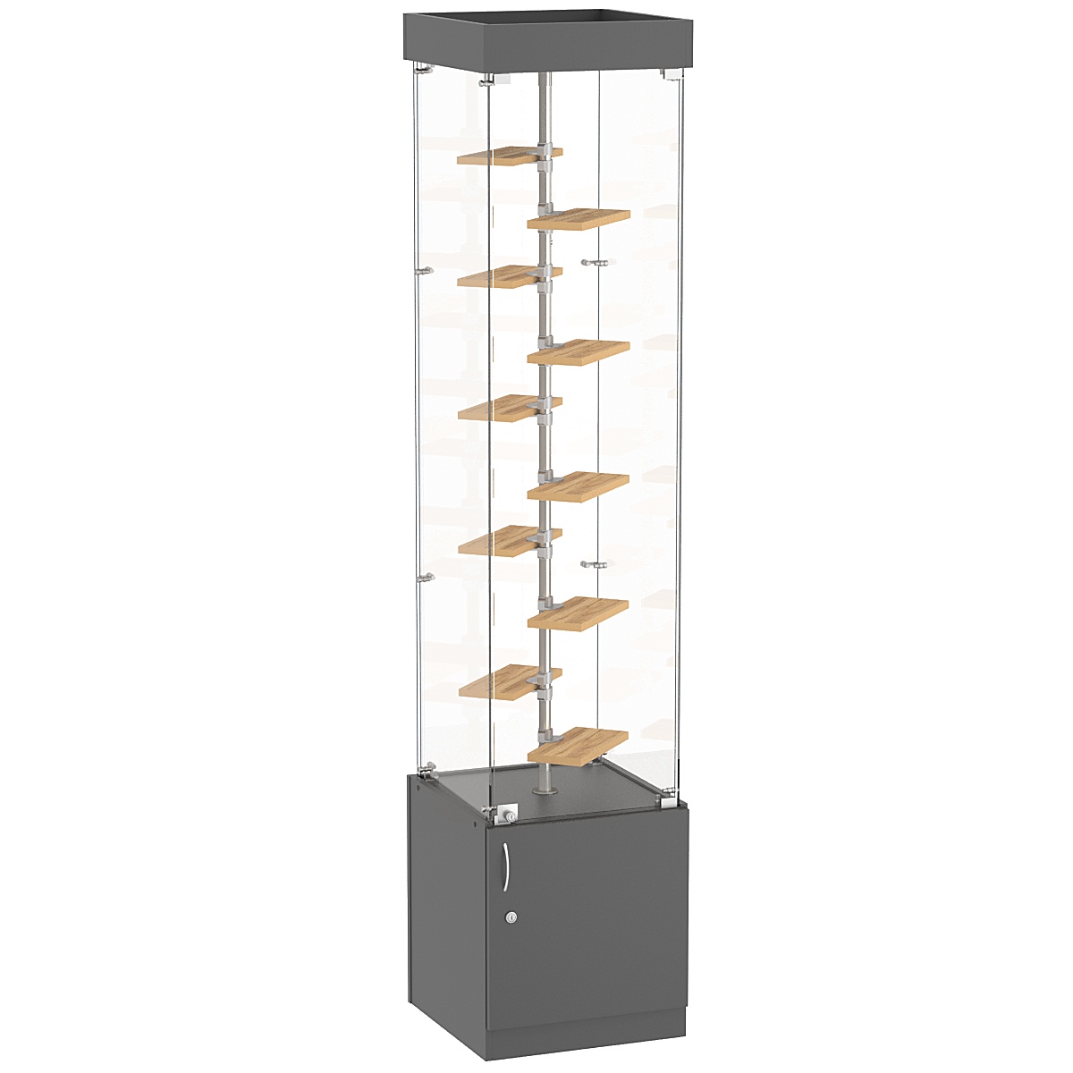 Стеклянная торговая витрина с прозрачными стенками и маленькими полками ДСП серии Протон №2-2 Темно-Серый  + Дуб Золотистый